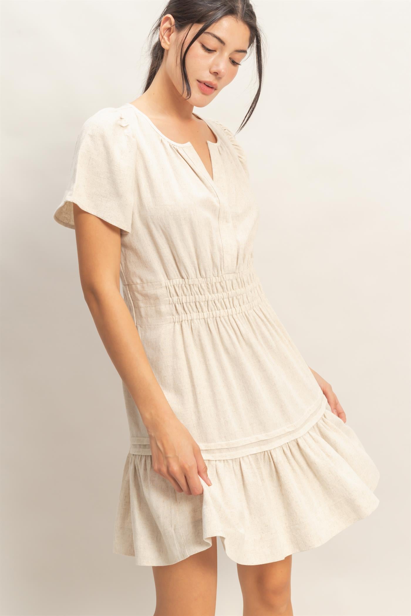 Wholesale Short Sleeve Tuck Skirt Dress Dresses HF26A194 OATMEAL HYFVE