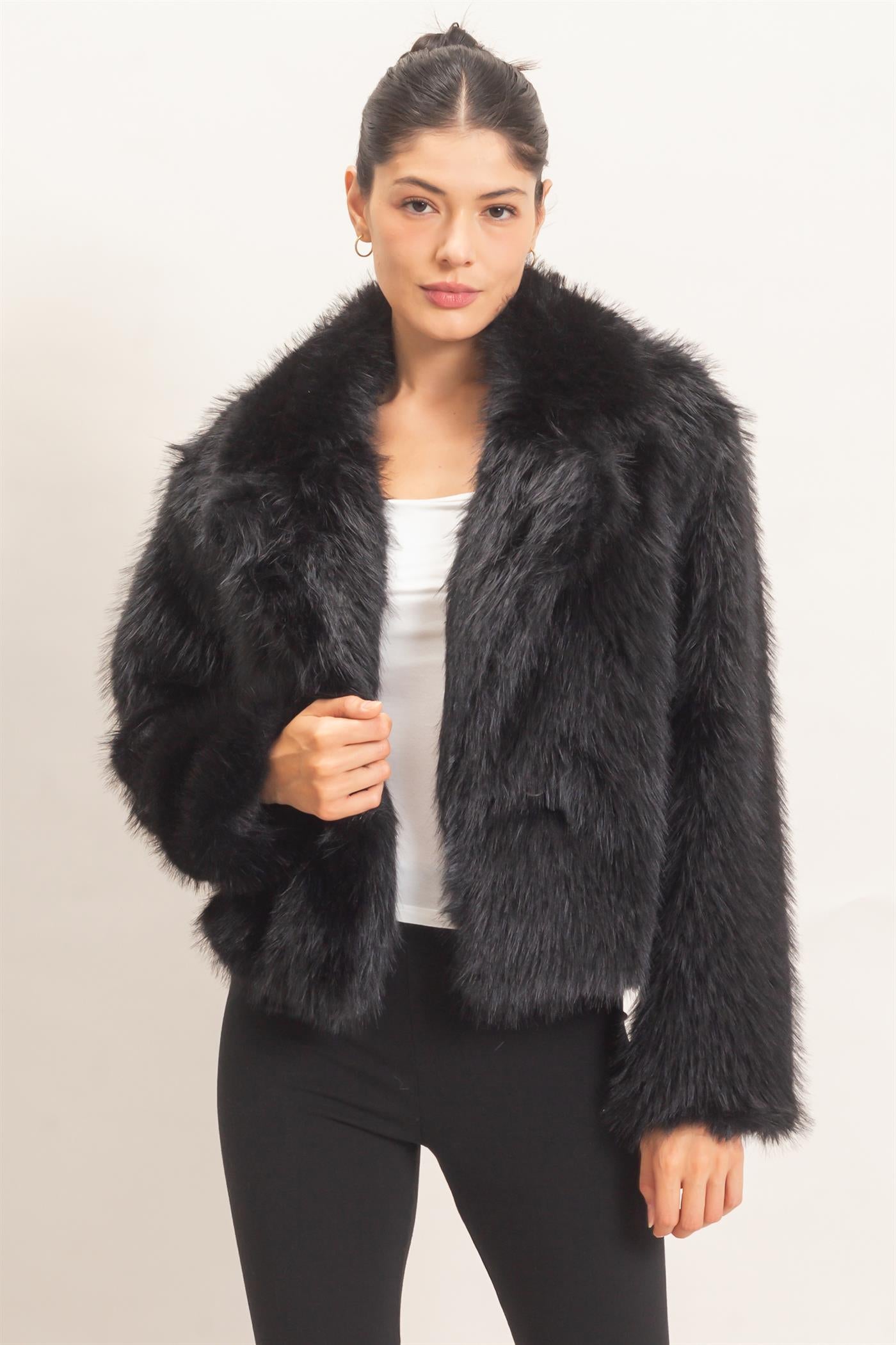 Wholesale Shawl Collar Faux Fur Jacket Outerwear HF26F207-D BLACK HYFVE