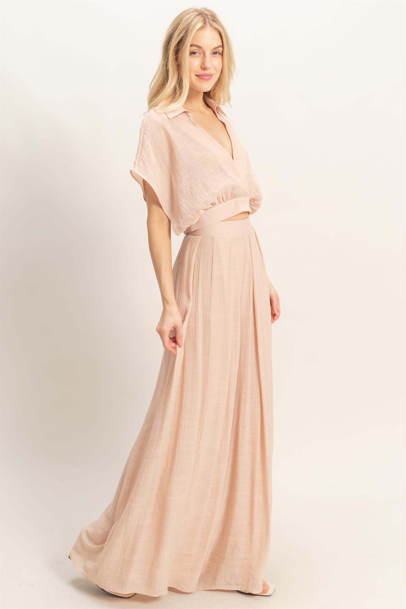 Wholesale Collared Wrap Top & Wide-Leg Pants Set Clothing HF26C286-SET-D ALMOND HYFVE