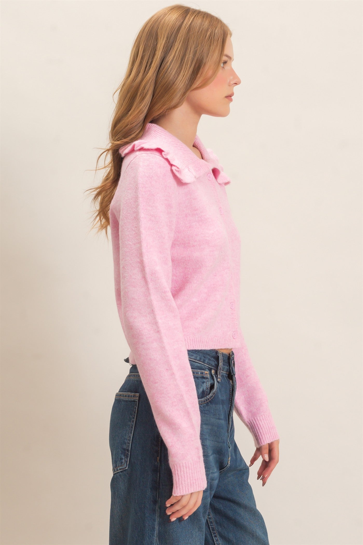 Wholesale Ruffled Collar Knit Cardigan Cardigans HF26E162-D PINK HYFVE