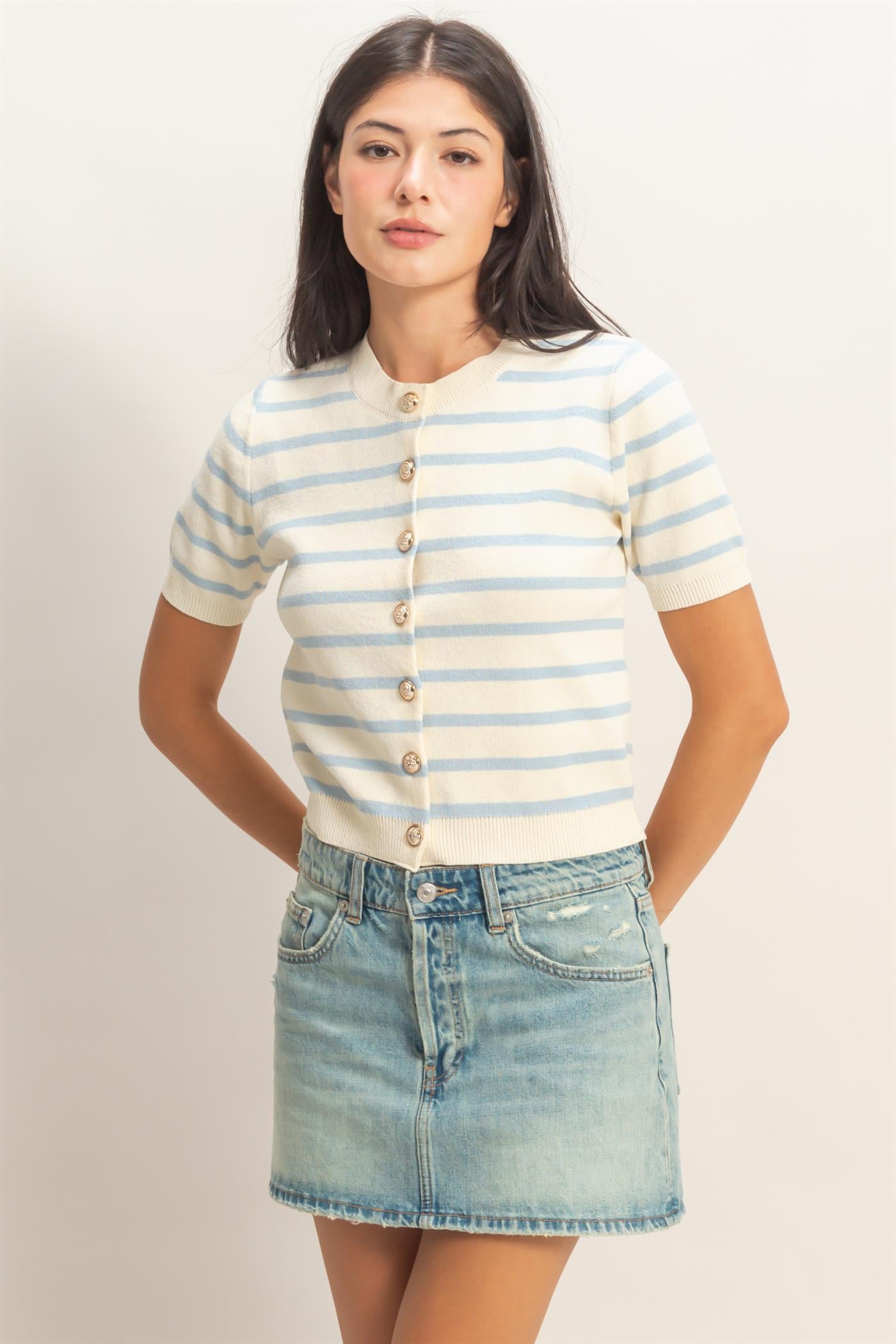 Wholesale Striped Short Sleeve Button Up Cardigan Cardigans DZ26A604 ICE BLUE DOUBLE ZERO