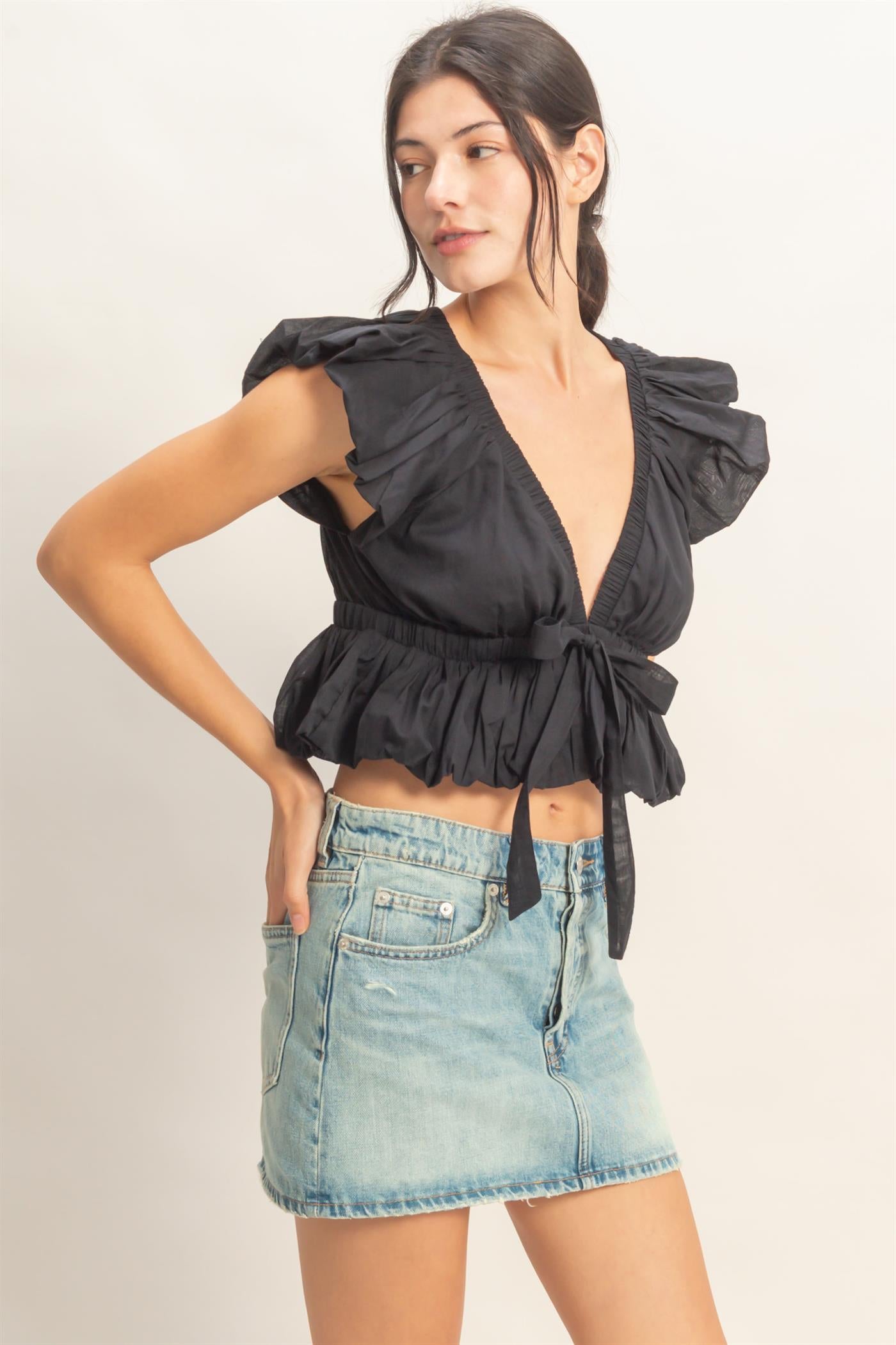 Wholesale Ruched V-Neck Puff Sleeve Top Clothing Tops HF26A122 BLACK HYFVE