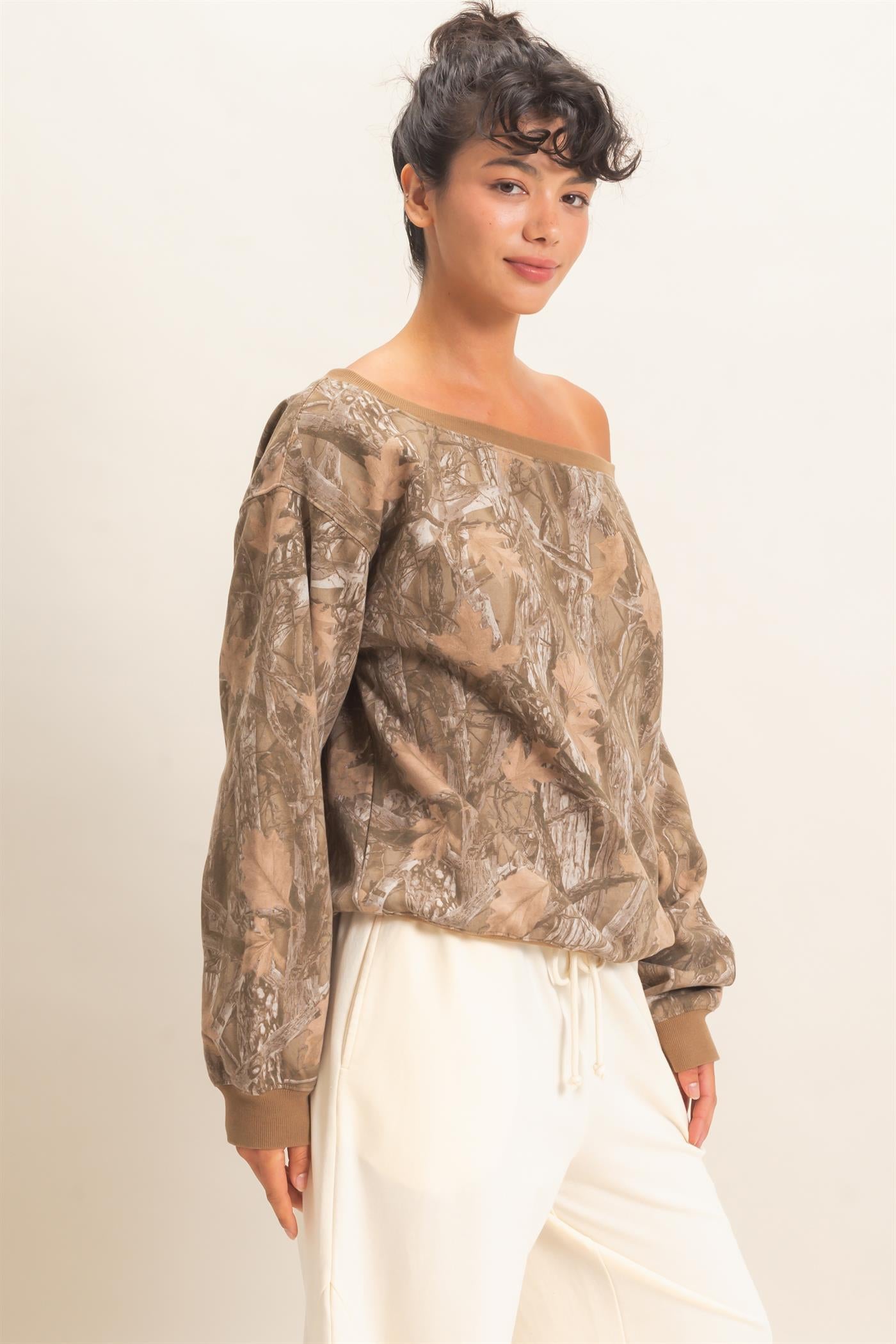Wholesale Tree Camouflage Print Off The Shoulder Sweatshirt Sweatshirts DZ26F310 BROWN DOUBLE ZERO