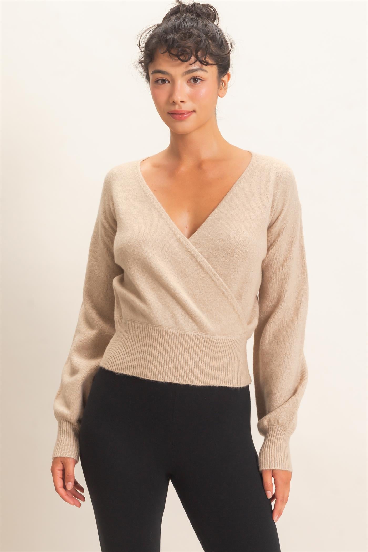Wholesale Wrap V Neck Sweater Sweaters DZ26E948 TAUPE DOUBLE ZERO