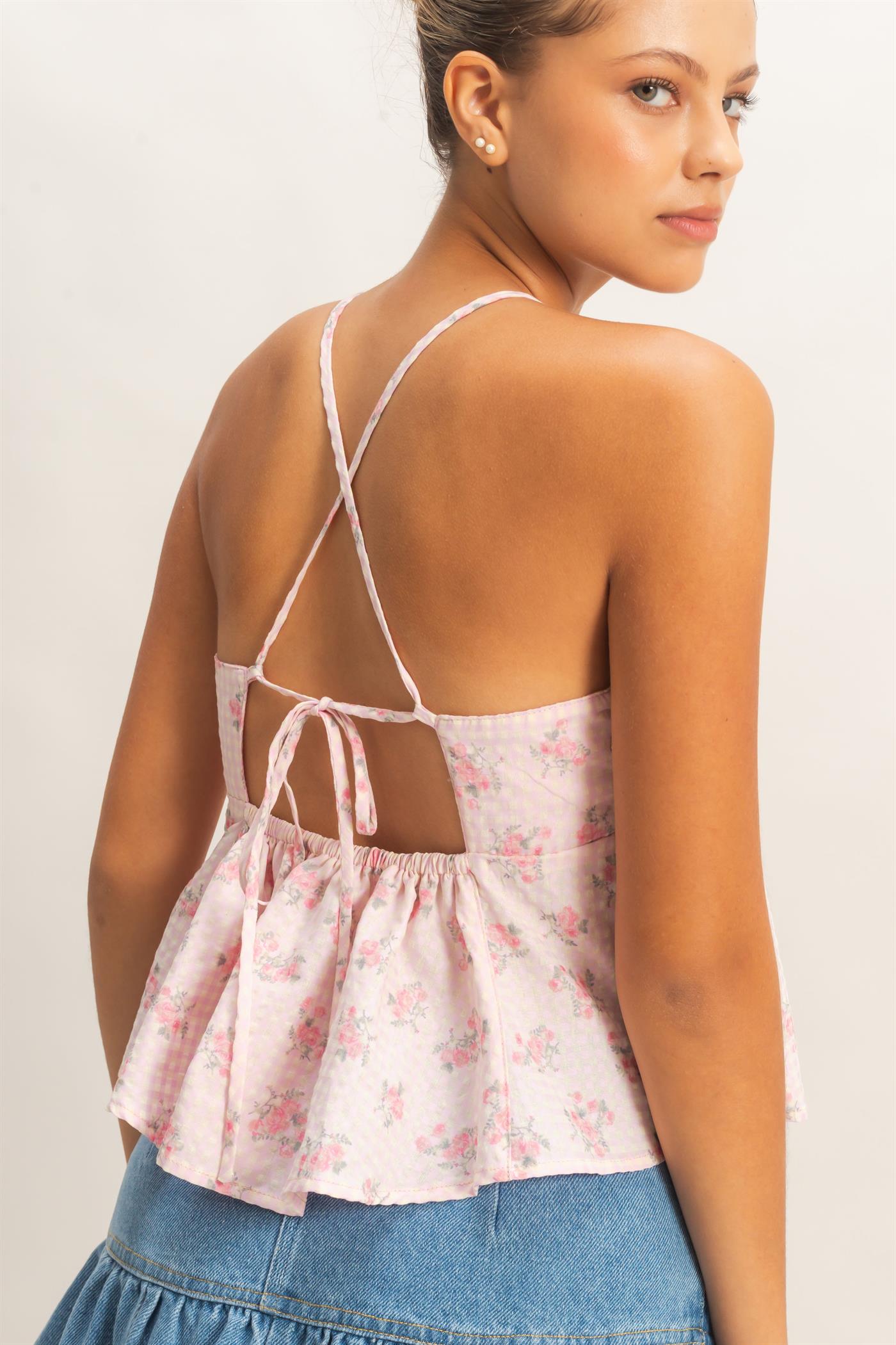 Wholesale Floral Seersucker Babydoll Top Clothing Tops HF26A416 PINK HYFVE