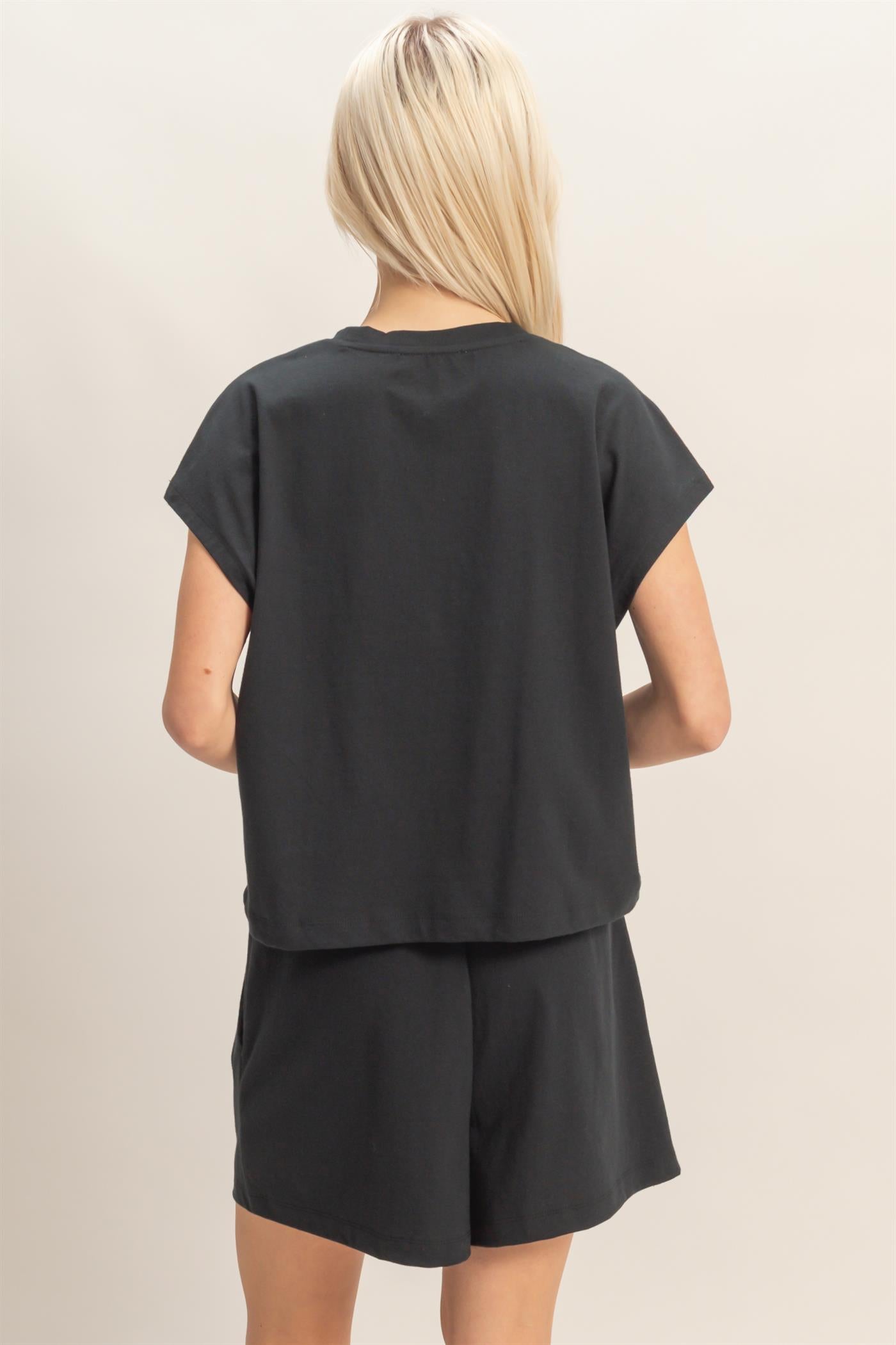 Wholesale Cap Sleeve Boxy Top And Shorts Set Clothing DZ26C543-SET BLACK DOUBLE ZERO