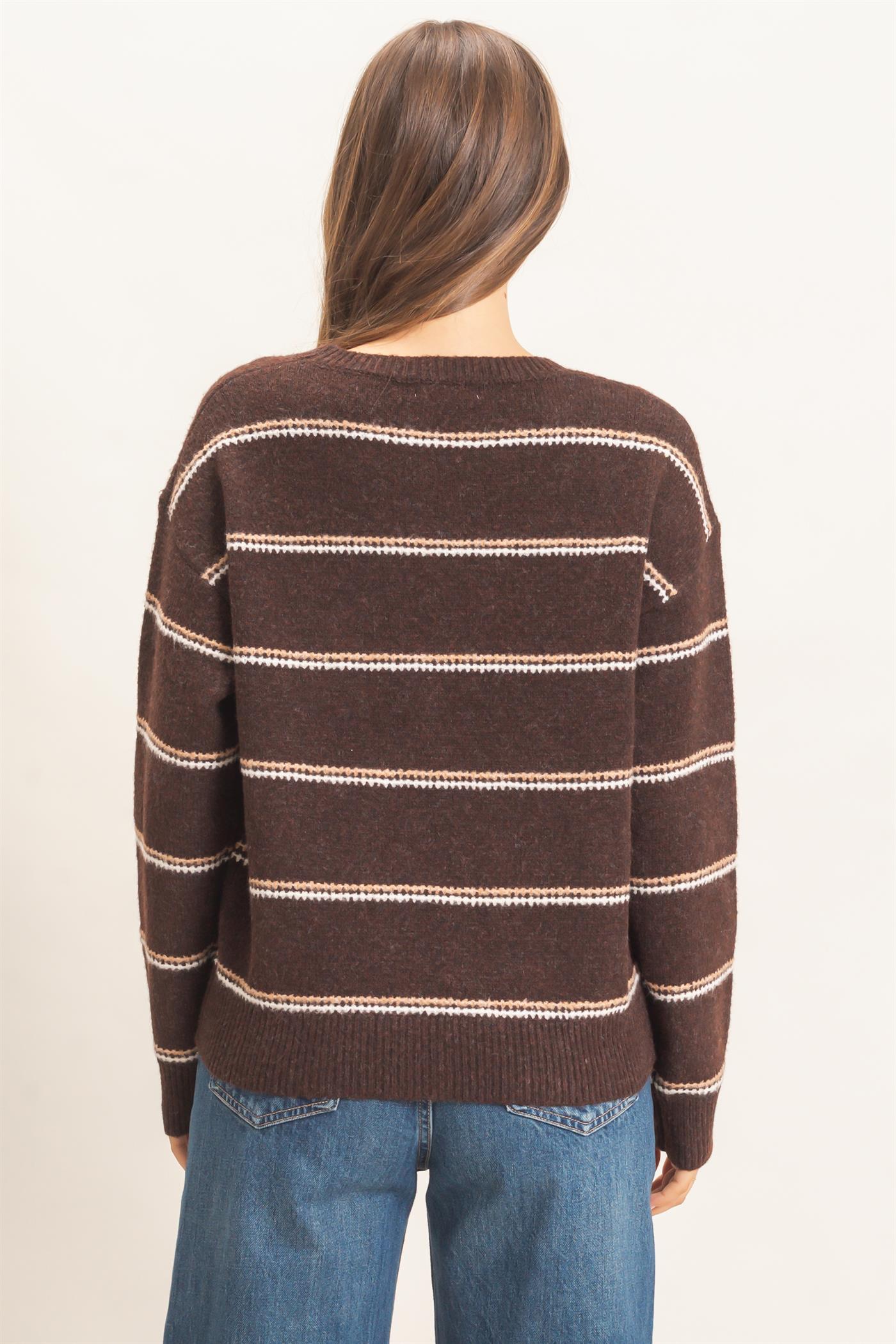 Wholesale Striped Crew Neck Sweater Sweaters HF26E696-D BROWN HYFVE