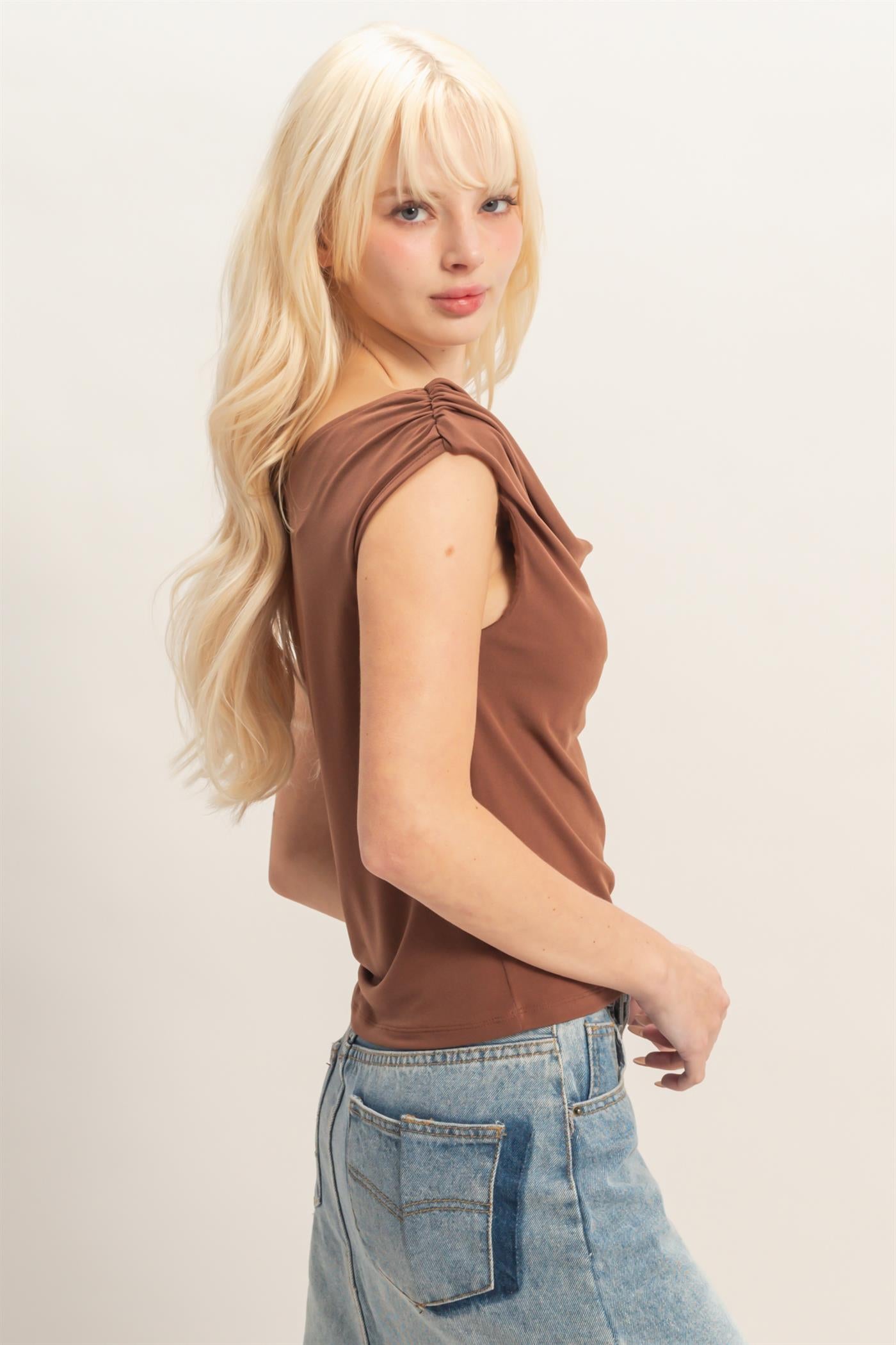 Wholesale Cowl Neck Sleeveless Top Clothing Tops DZ26C274 CHOCOLATE DOUBLE ZERO