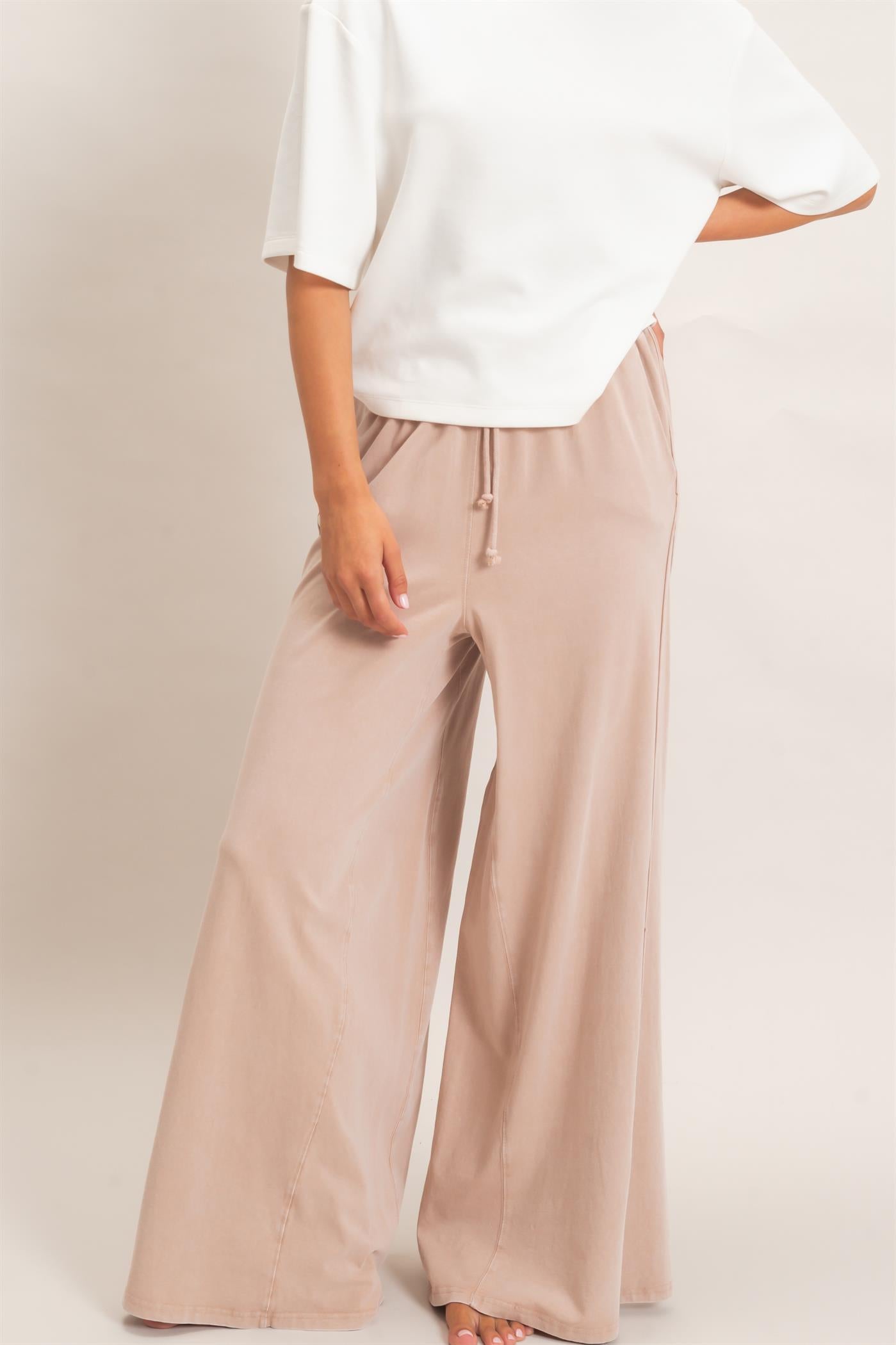 Wholesale Wide Leg Mineral Wash Pants Pants DZ26F406 DARK TAUPE DOUBLE ZERO