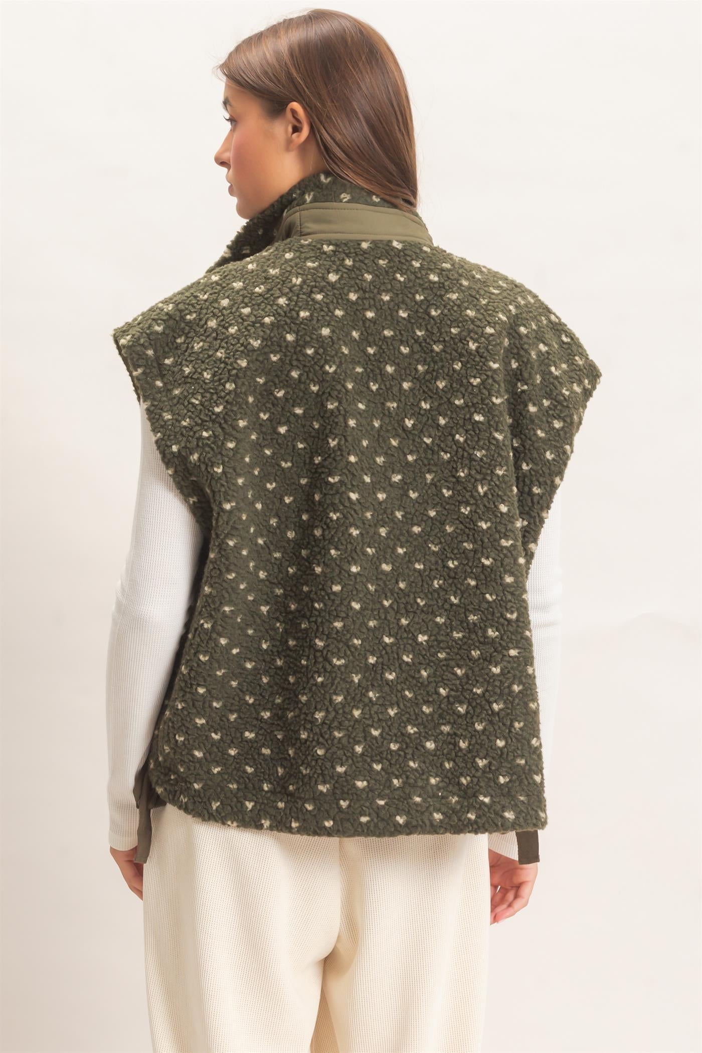 Wholesale Polka Dot Sherpa Vest Outerwear DZ26F260 DARK OLIVE DOUBLE ZERO