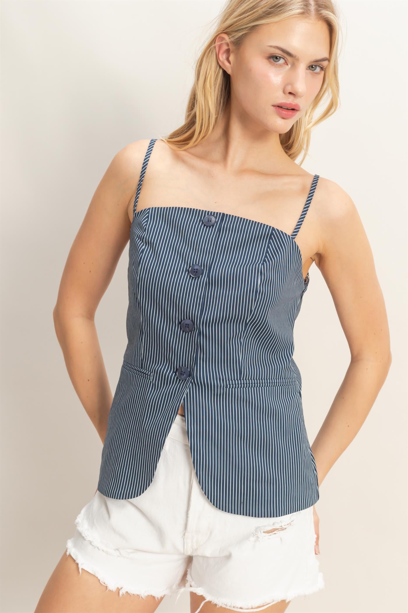 Wholesale Pinstripe Button Front Camisole Tank Tops HF25E715 NAVY HYFVE