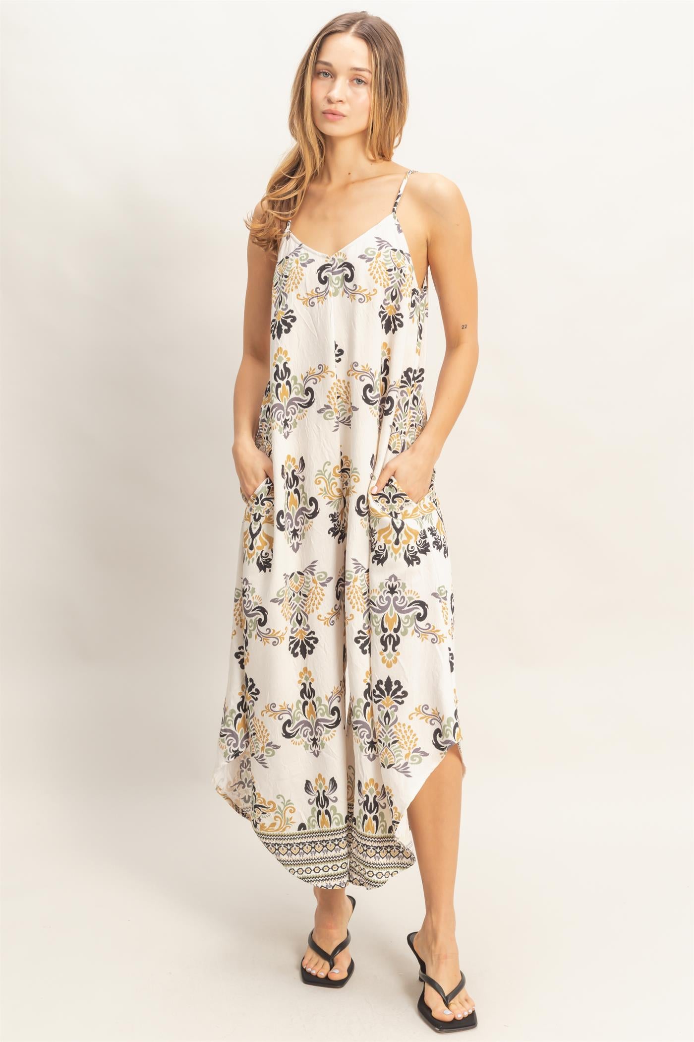 Wholesale Floral Print Spaghetti Jumpsuit Clothing HF26C357-D BLACK HYFVE