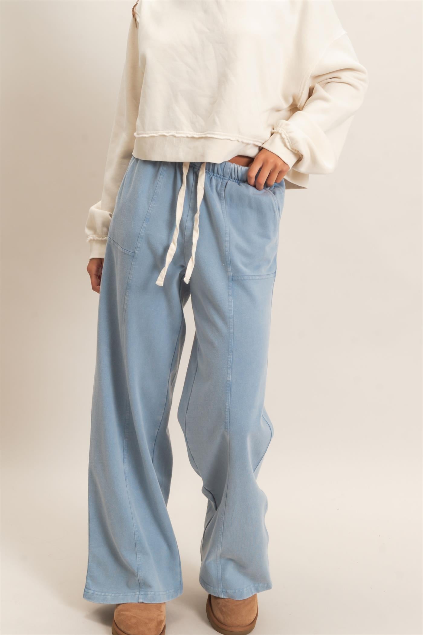 Wholesale Acid Wash Drawstring Waist Wide Leg Pants Pants DZ25A685 DUSTY BLUE DOUBLE ZERO