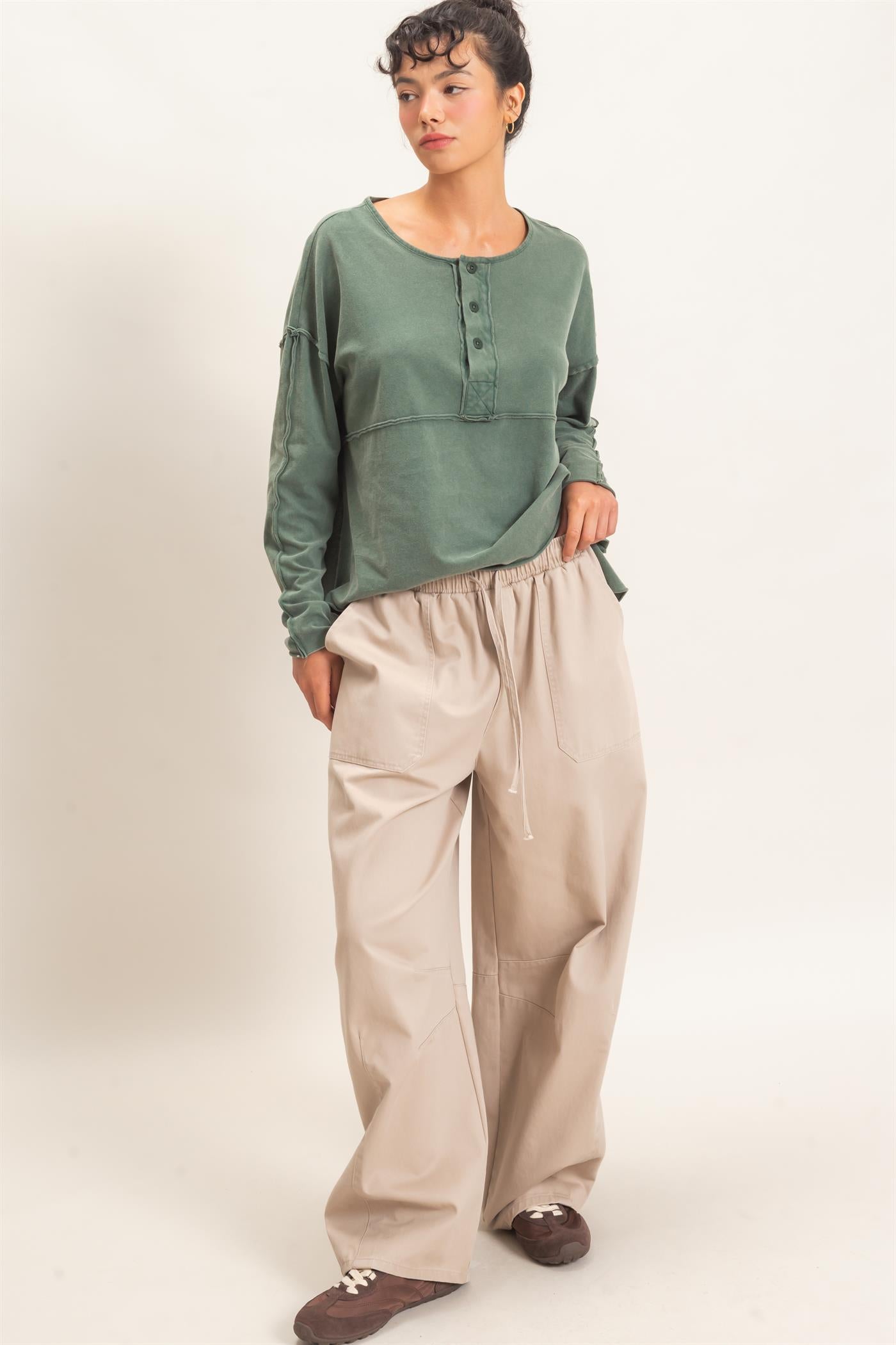 Wholesale Twill Elastic Waist Barrel Pants Pants DZ27A228 BEIGE DOUBLE ZERO