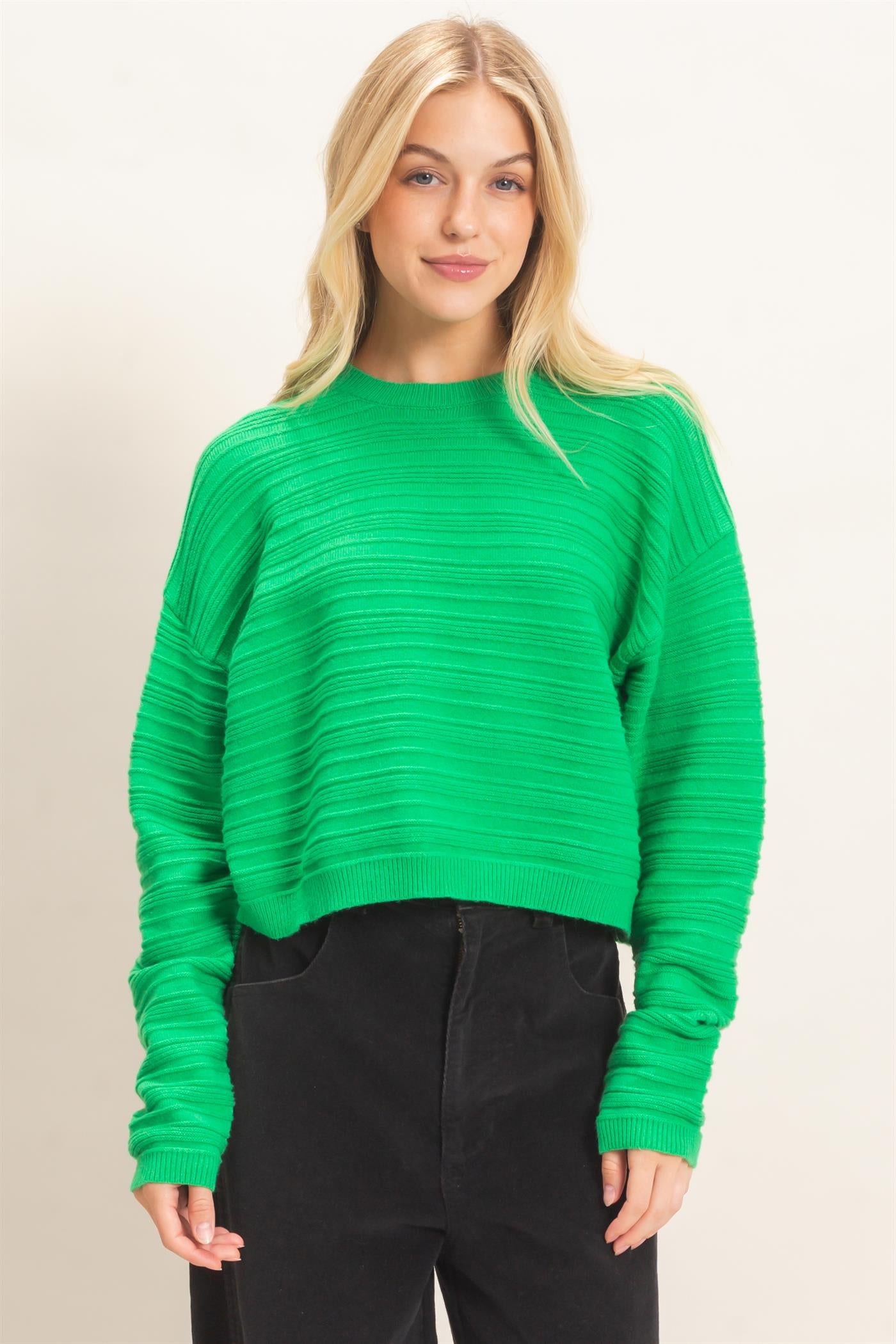 Wholesale Textured Crew Neck Sweater Sweaters HF26F196 GREEN HYFVE