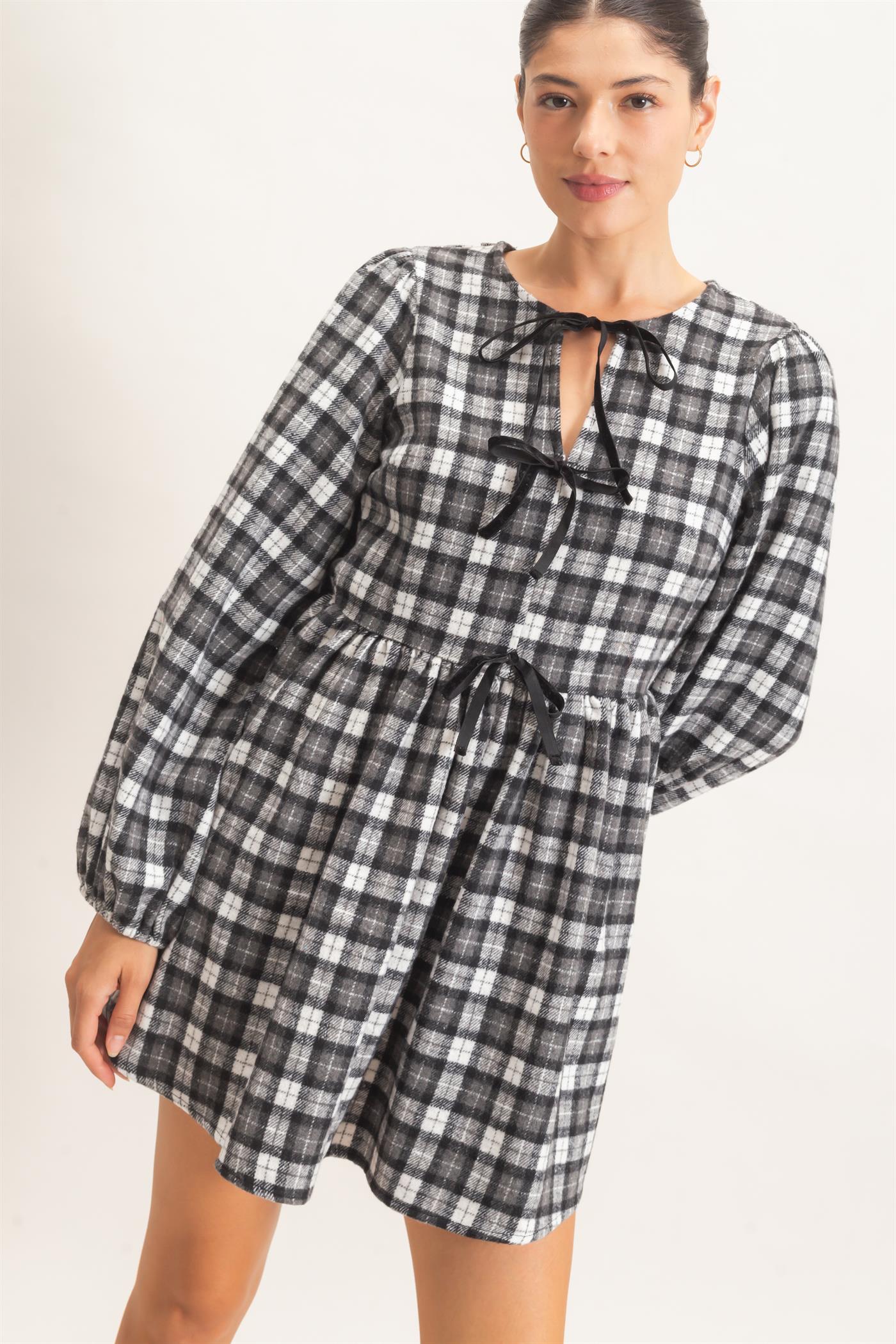 Wholesale Plaid Velvet Ribbon Tie Mini Dress Dresses HF26E965 BLACK HYFVE