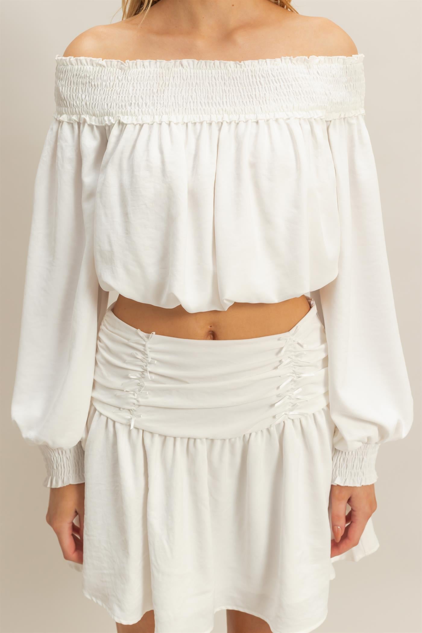 Wholesale Romantic Off Shoulder Top And Gathered Skirt Set Clothing HF25A243-SET OFF WHITE HYFVE