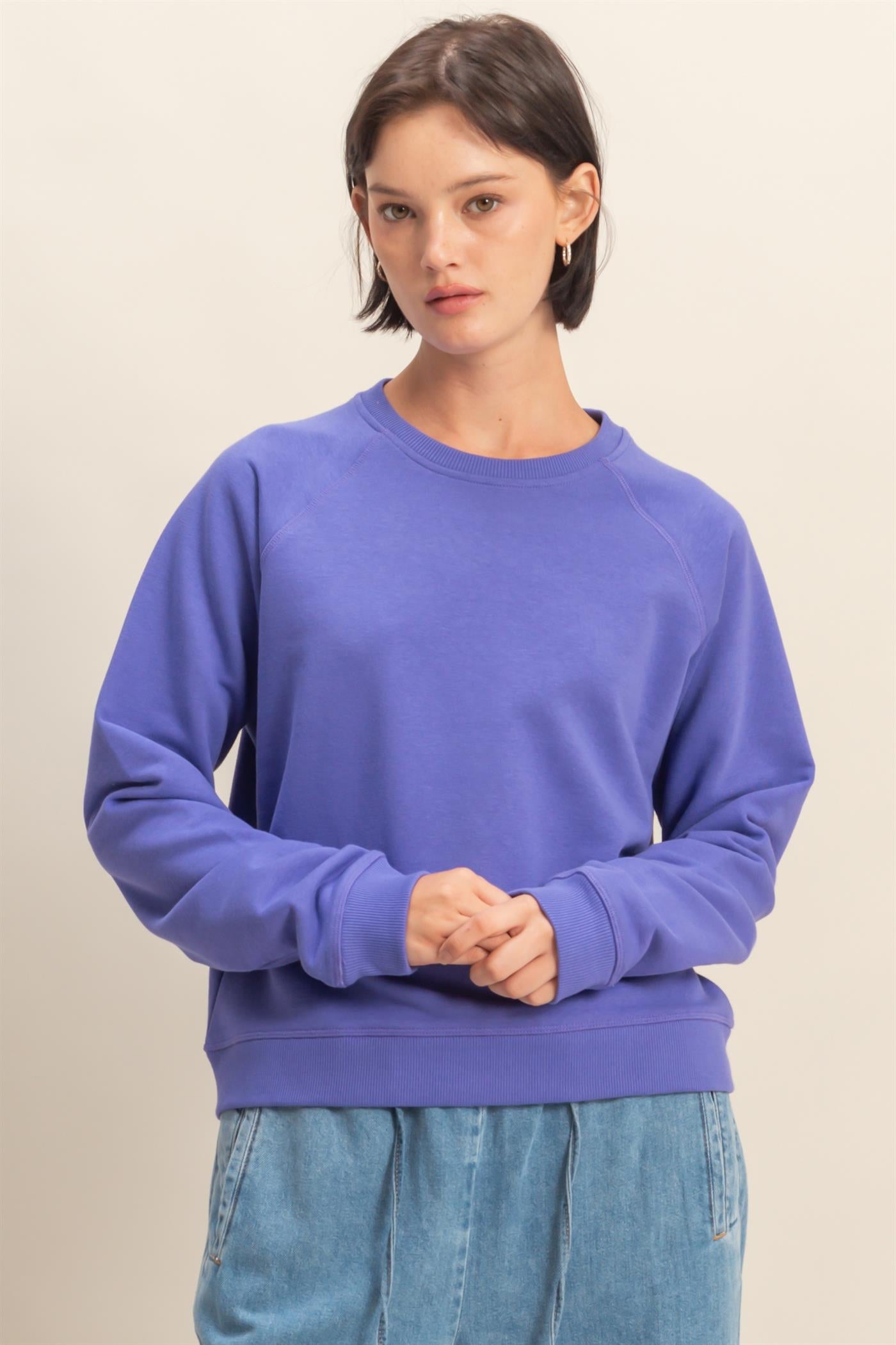 Wholesale Crew Neck Raglan Sleeve Comfy Pullover Sweatshirt Sweatshirts DZ25E237 IRIS PURPLE DOUBLE ZERO