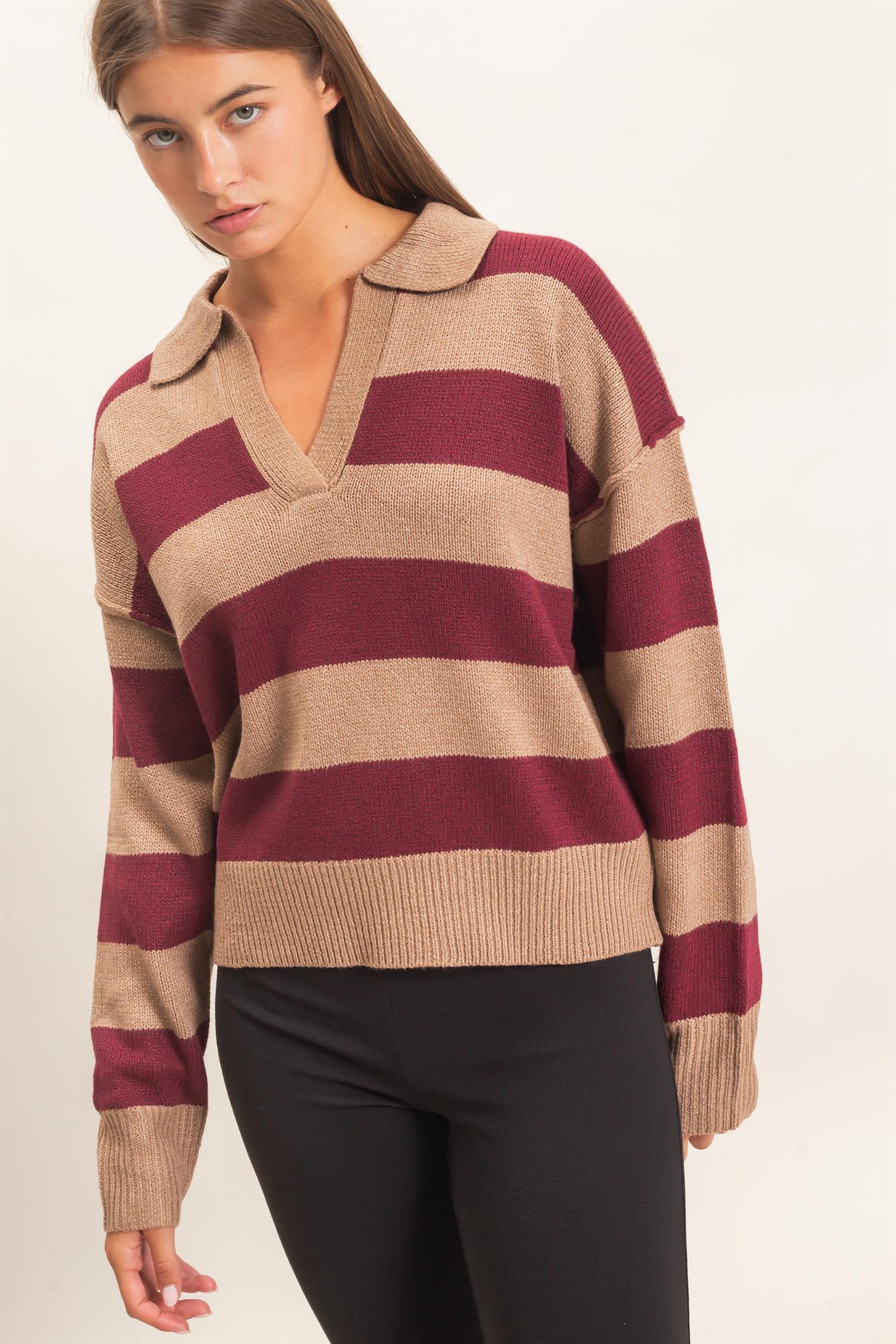 Wholesale Rugby Stripe Polo Sweater Sweaters DZ26E297 BURGUNDY DOUBLE ZERO
