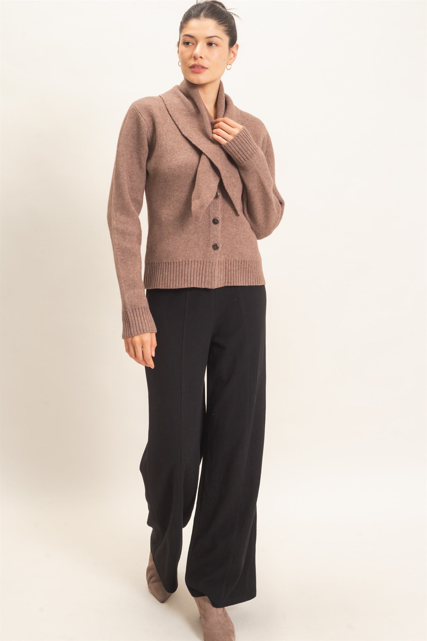 Wholesale Attached Scarf Button-Front Cardigan Cardigans HF26E870 MOCHA HYFVE