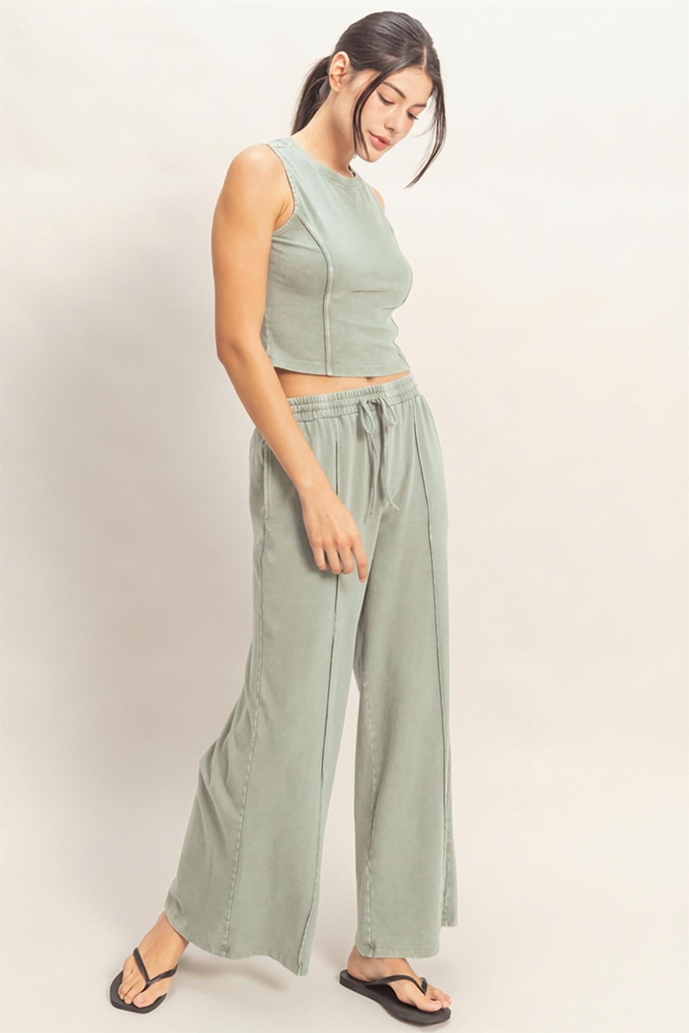 Wholesale Mineral Washed Sleeveless Top & Wide Leg Pants Set Clothing DZ26A371-SET SAGE GREEN DOUBLE ZERO