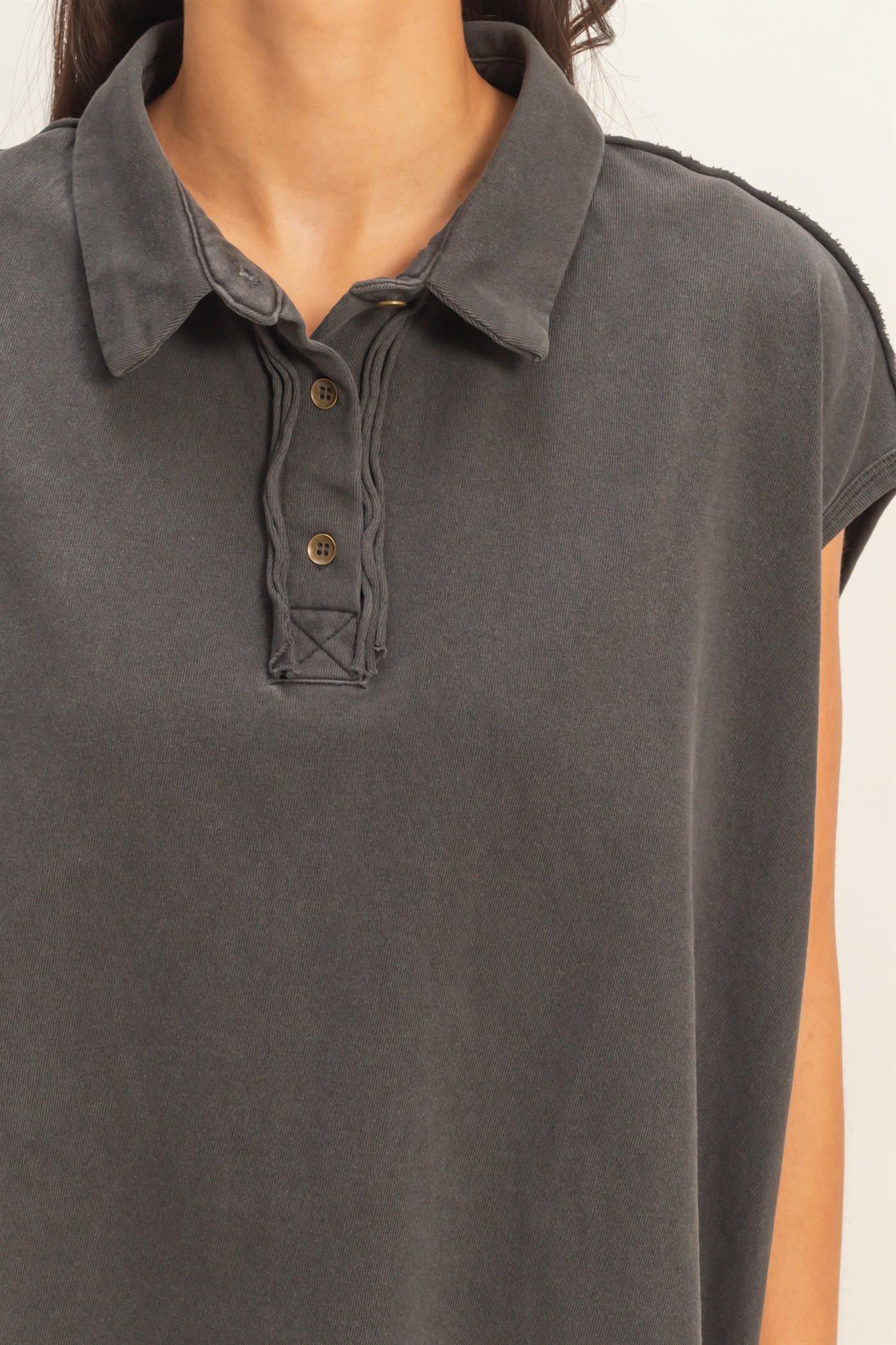 Wholesale Pigment Dye Sleeveless Polo Oversized Top Clothing Tops DZ26C618 BLACK DOUBLE ZERO