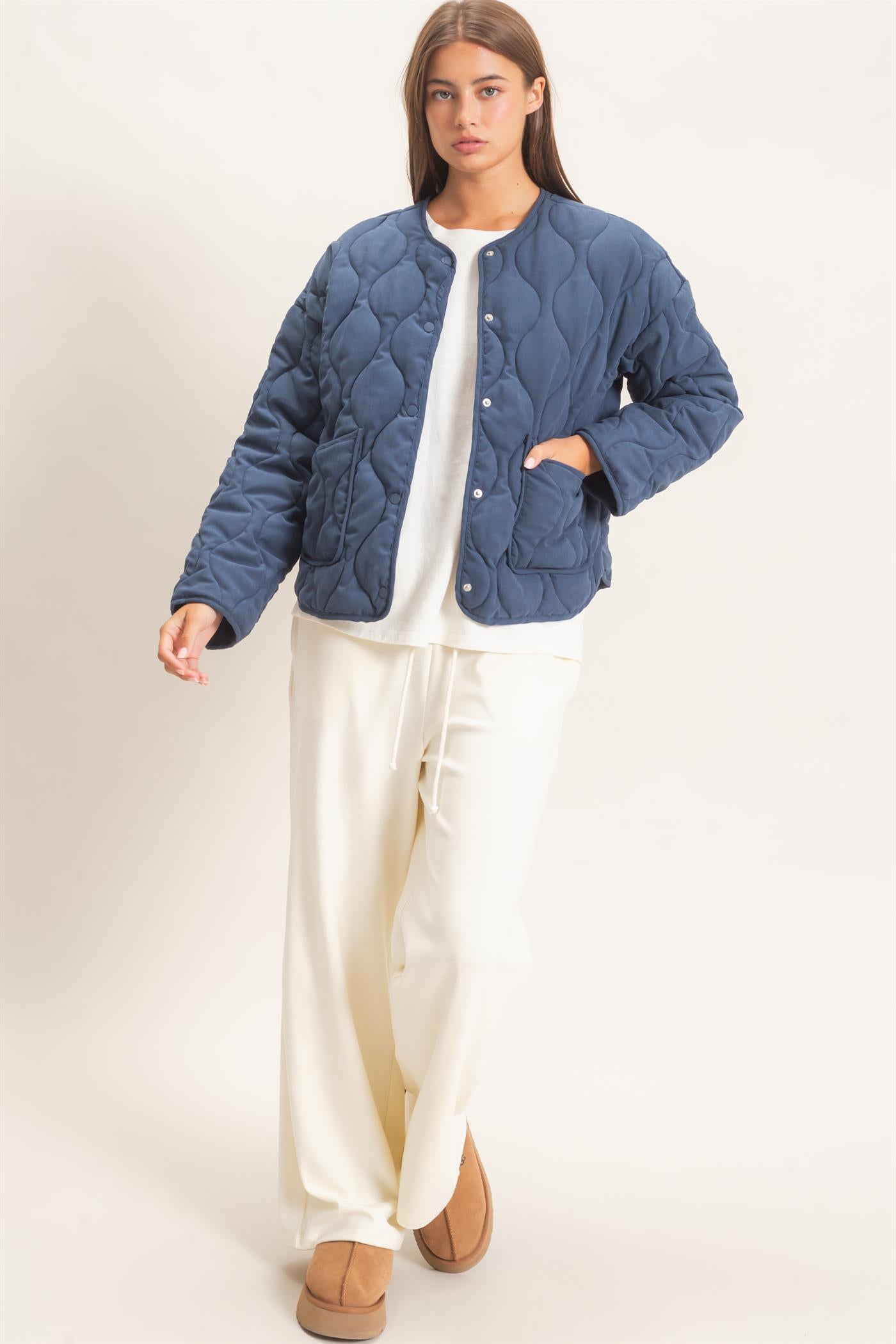 Wholesale Quilted Button Front Jacket Coats & Jackets DZ26F254 NAVY DOUBLE ZERO