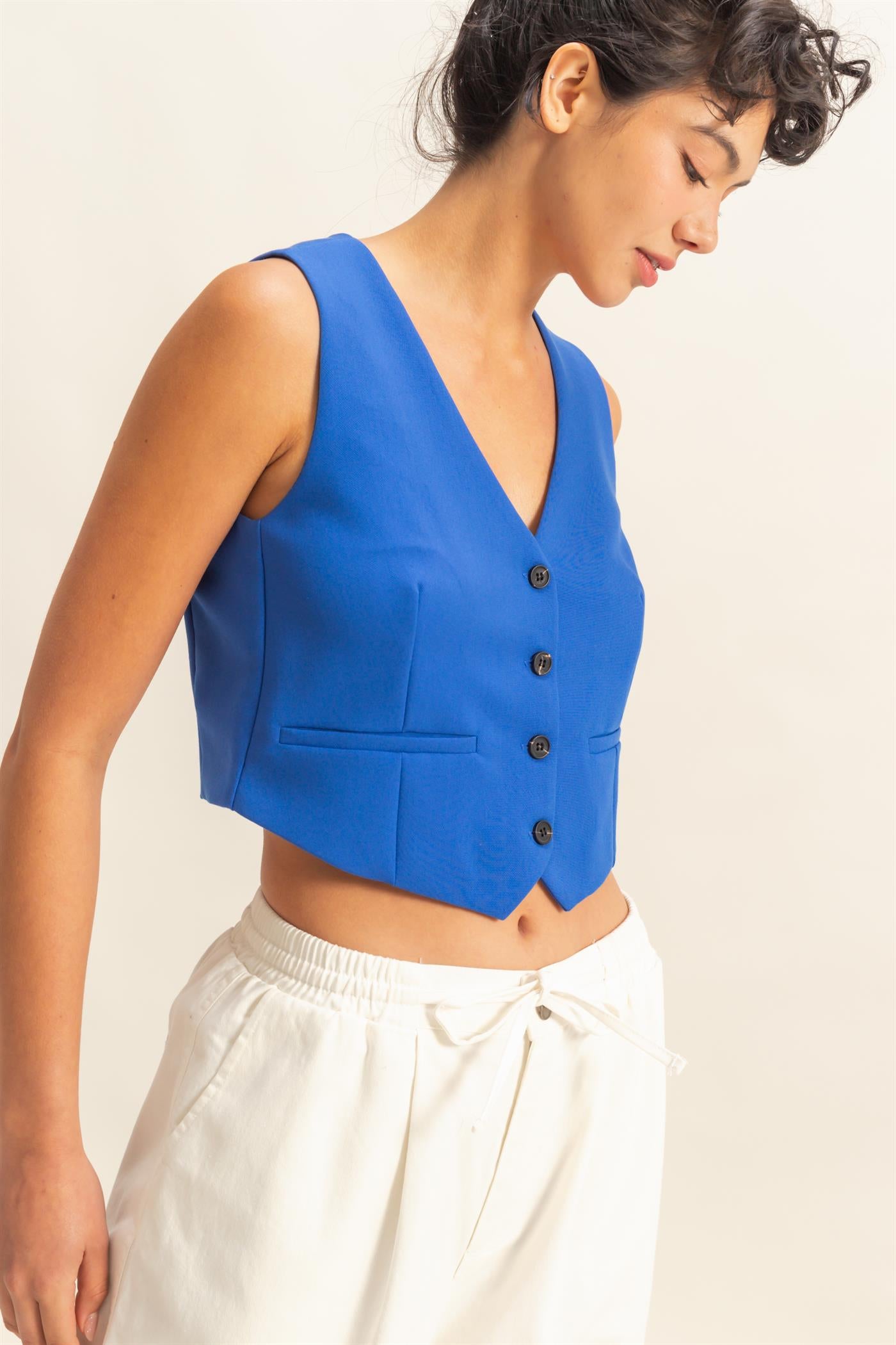 Wholesale Tailored Button-Down Vest Vests DZ25E126 COBALT DOUBLE ZERO