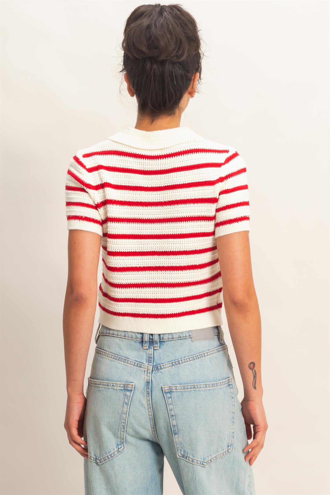 Wholesale Short Sleeve Striped Knit Polo Clothing Tops DZ26A603 RED DOUBLE ZERO