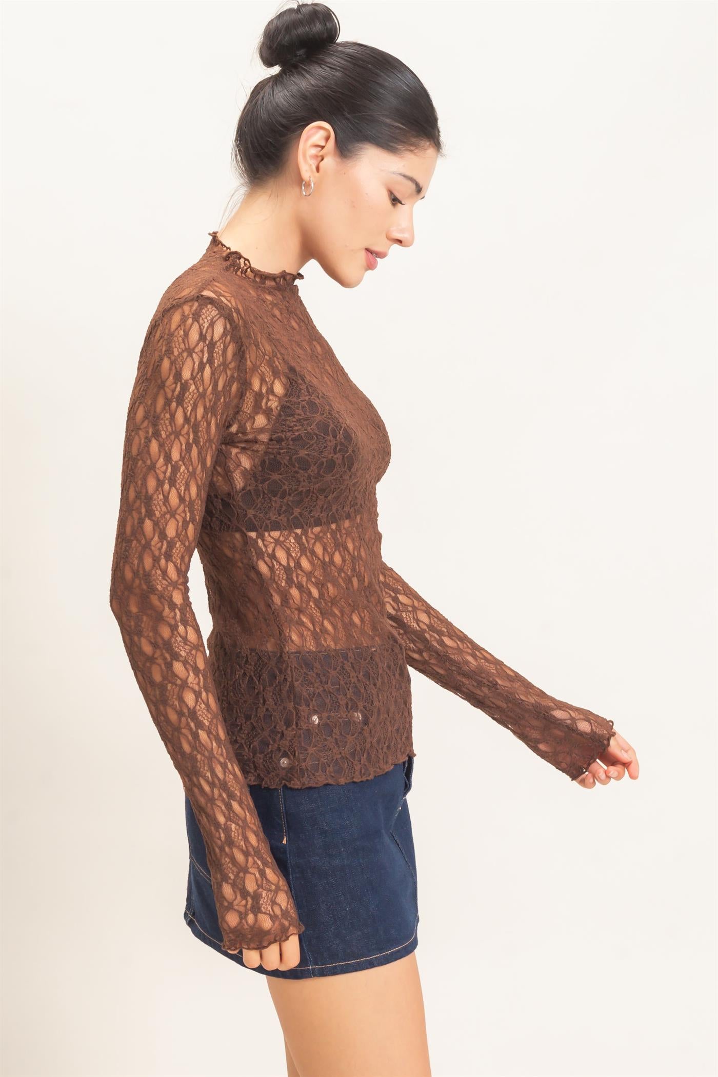Wholesale Lace Mock Neck Long Sleeve Top Clothing Tops HF26E033-D CHOCOLATE HYFVE