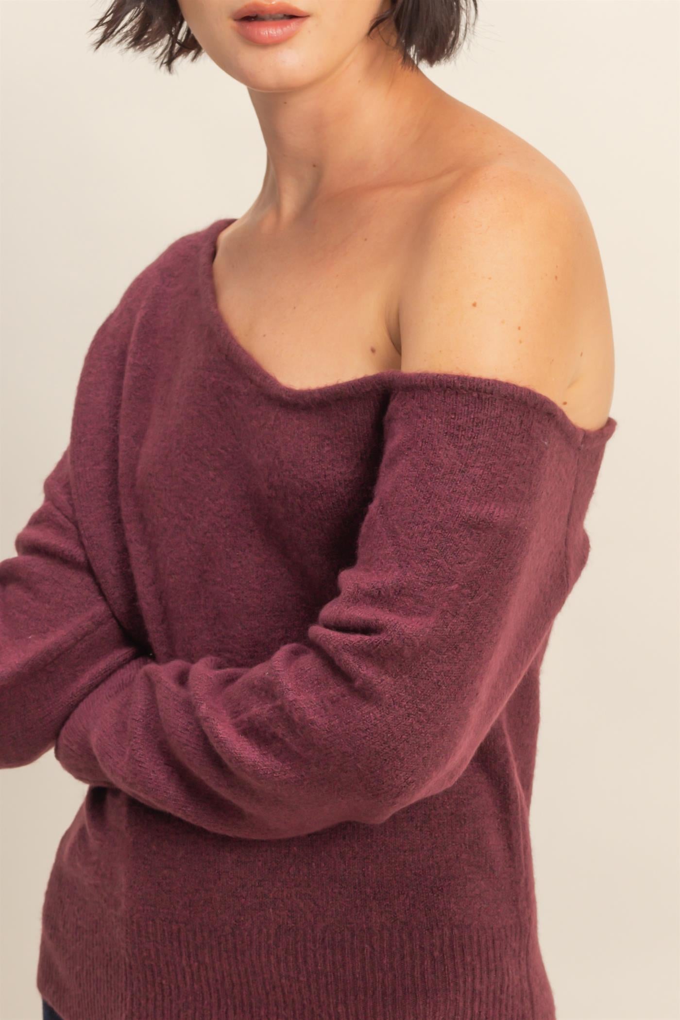 Wholesale Asymmetric Off-Shoulder Sweater Sweaters DZ25F121 DARK CHERRY DOUBLE ZERO