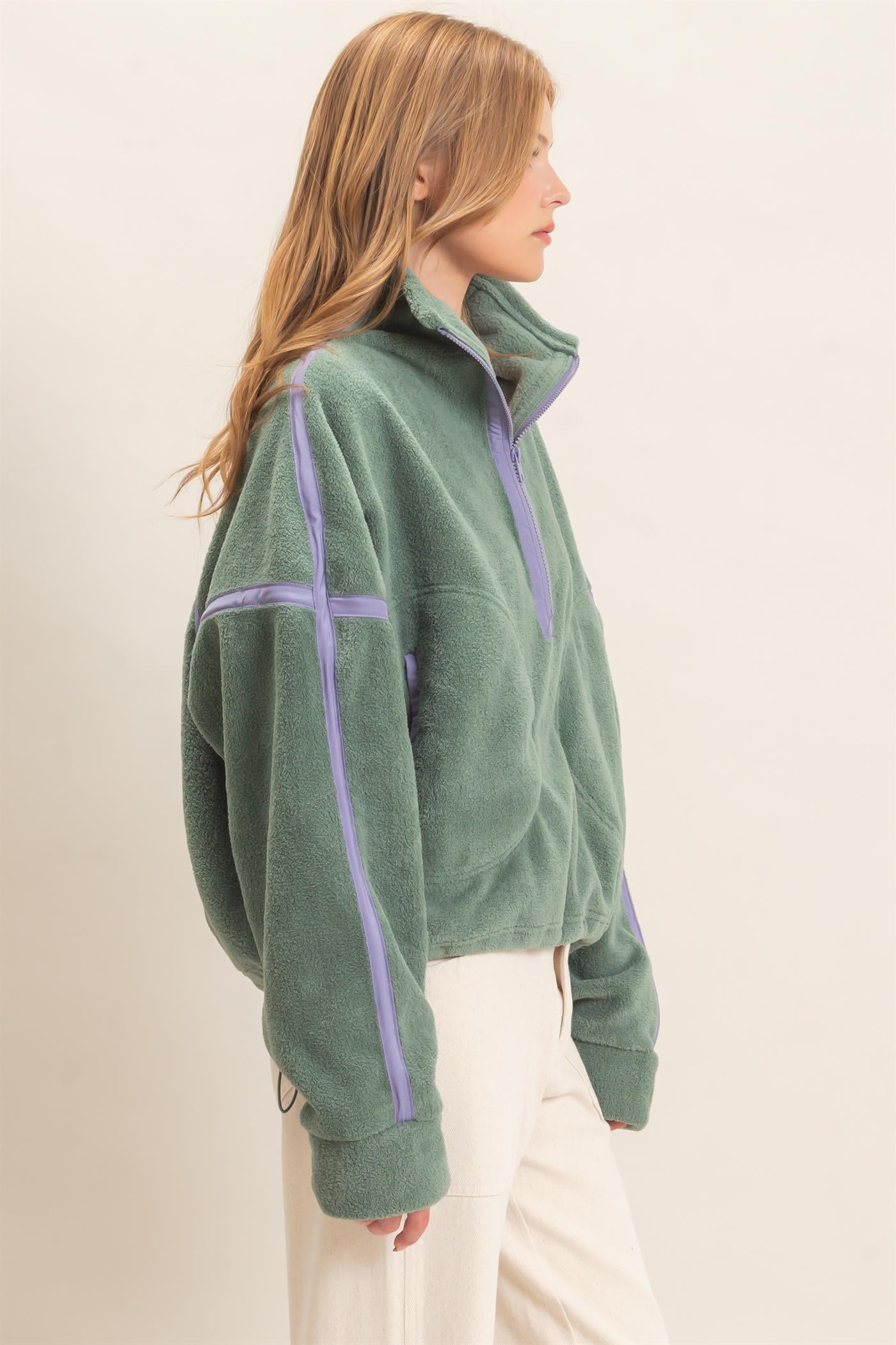 Wholesale Contrast Trim Half-Zip Fleece Pullover Outerwear HF26F206-D PISTACHIO HYFVE