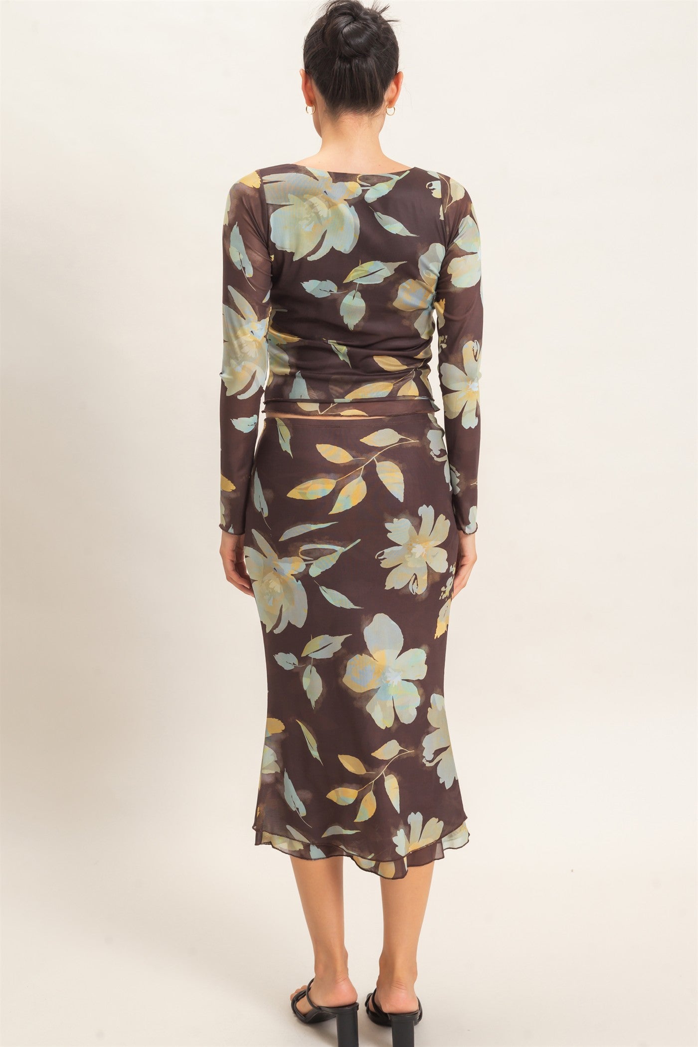 Wholesale Floral Mesh Top And Skirt Set Clothing HF26C933-SET BROWN HYFVE