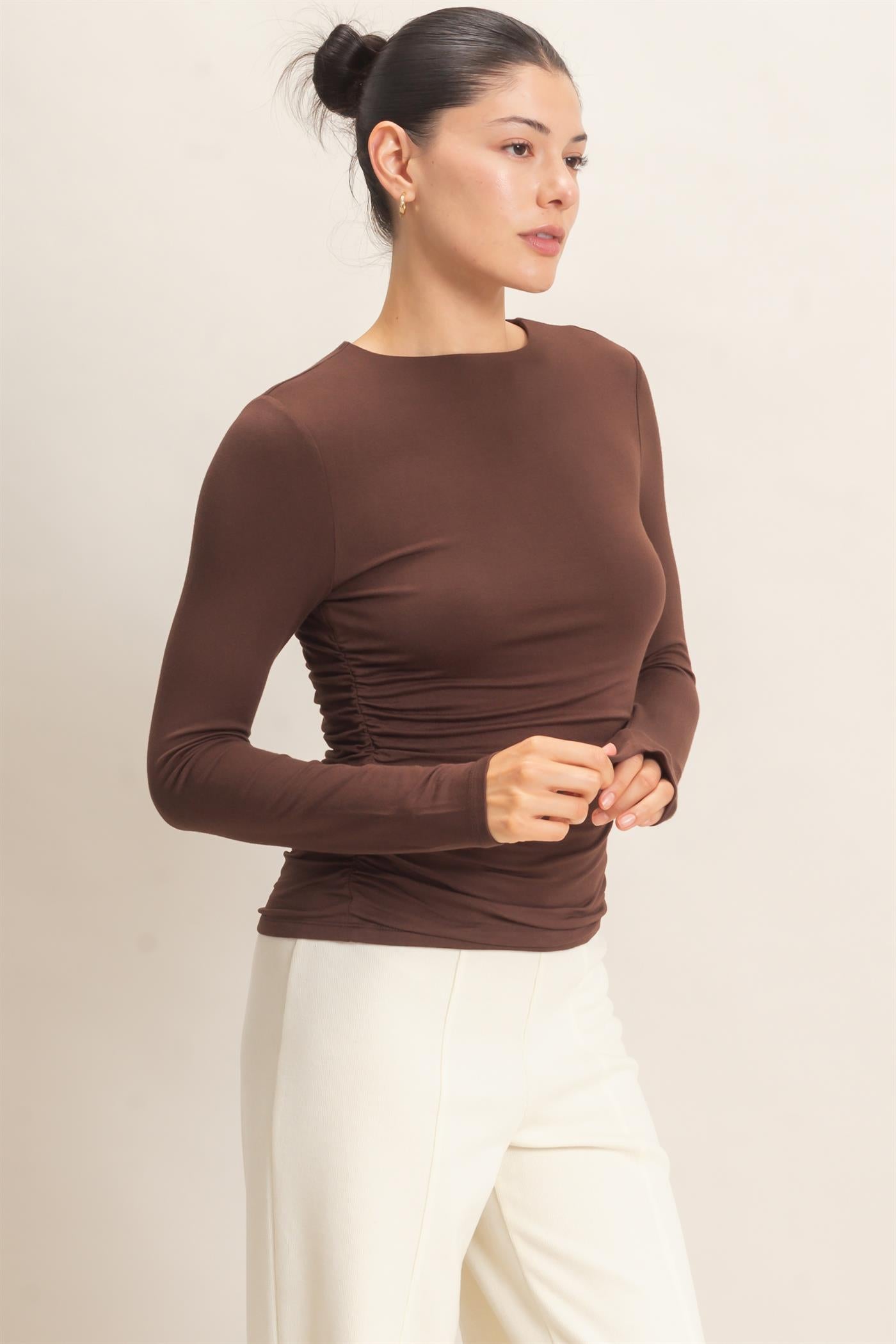 Wholesale Ruched Long Sleeve Top Clothing Tops HF26E776 ESPRESSO HYFVE