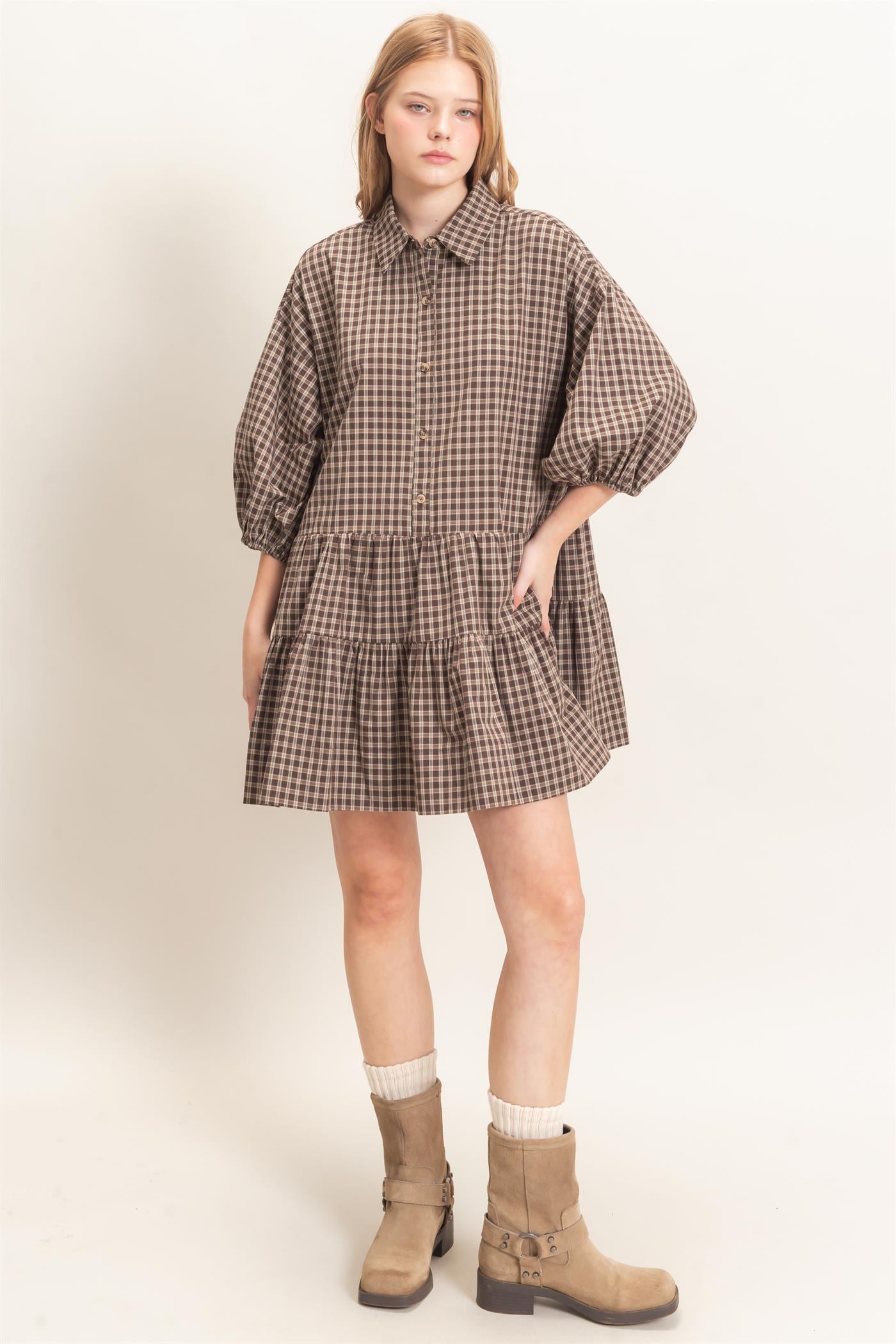 Wholesale Plaid Button-Down Tiered Dress Dresses HF26E795 BROWN HYFVE
