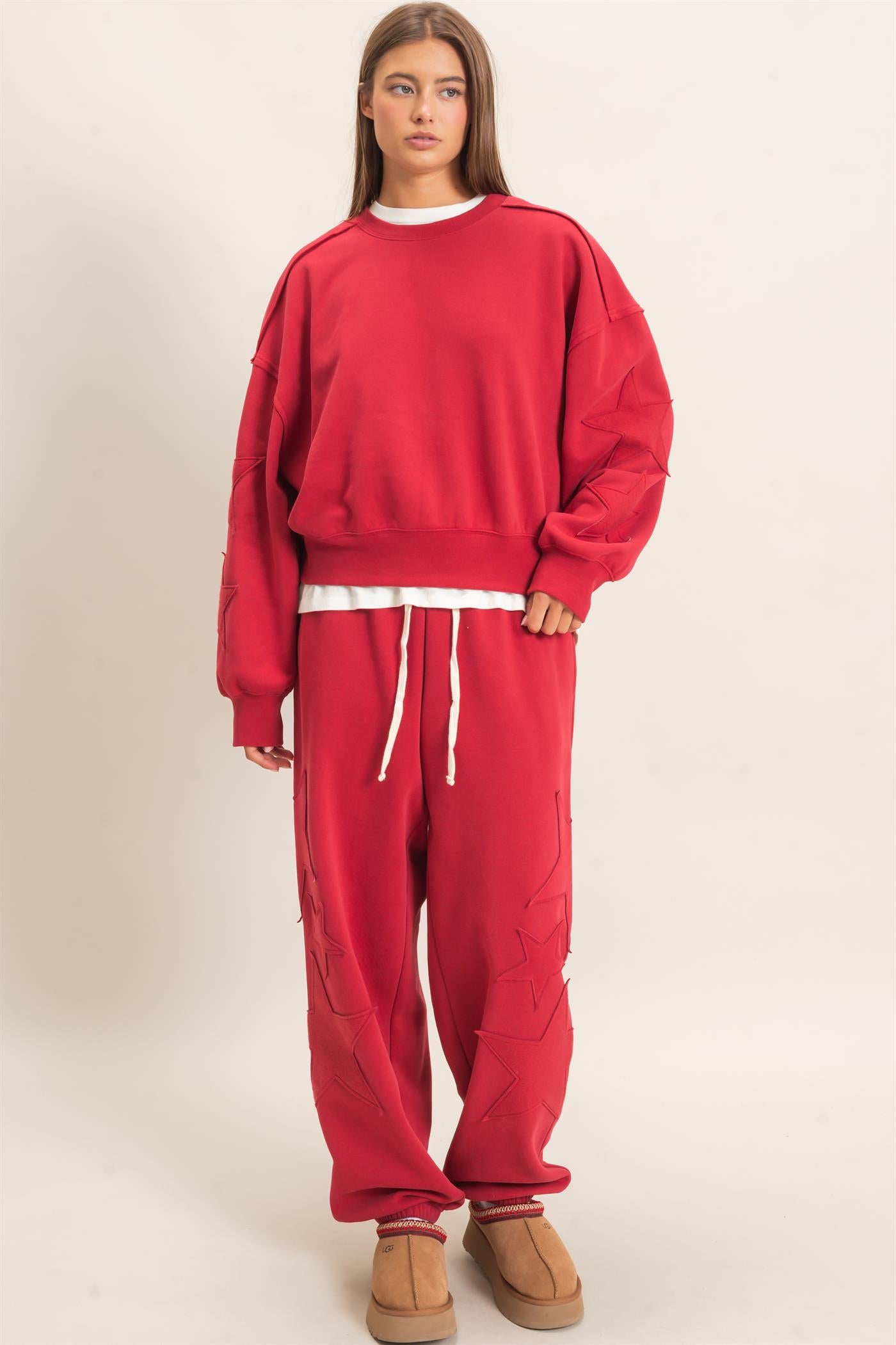Wholesale Star Patch Jogger Pants Joggers DZ26E889 DARK RED DOUBLE ZERO