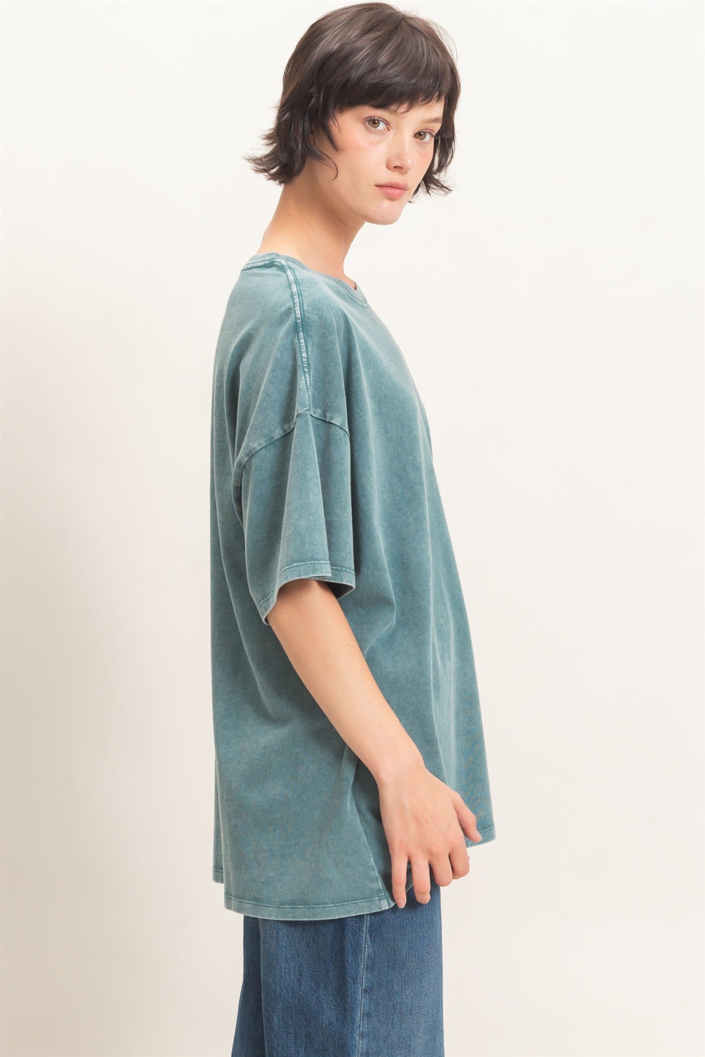 Wholesale Mineral Wash Oversized Crew Neck T-Shirts Clothing Tops DZ26C961 DARK TEAL DOUBLE ZERO