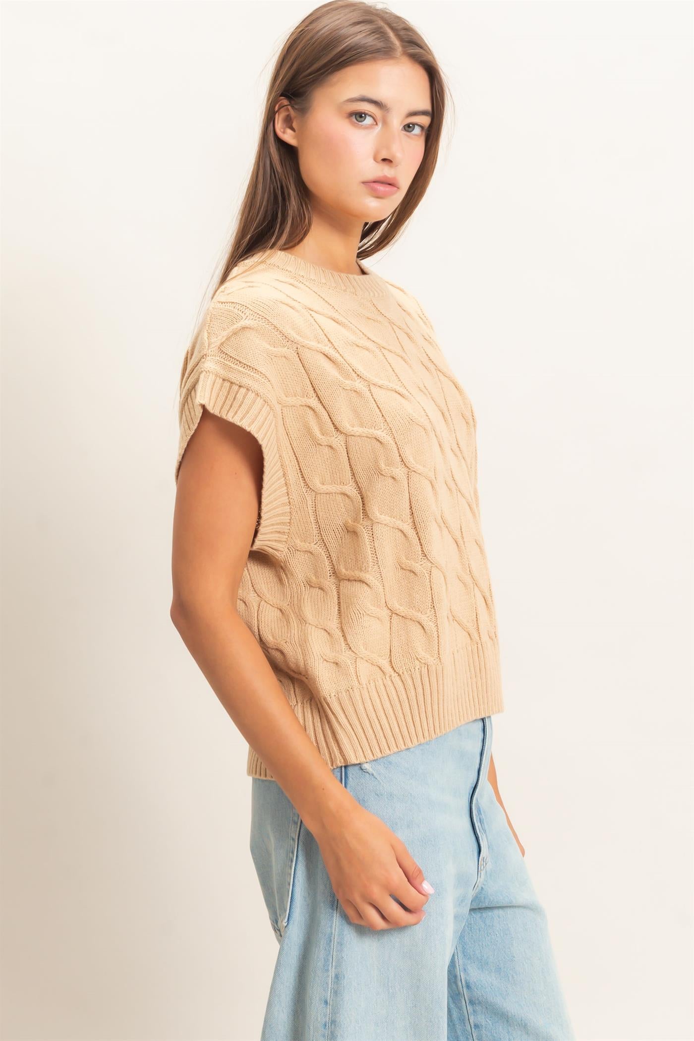 Wholesale Cable Knit Cap Sleeve Sweater Sweaters DZ26C974 TAUPE DOUBLE ZERO