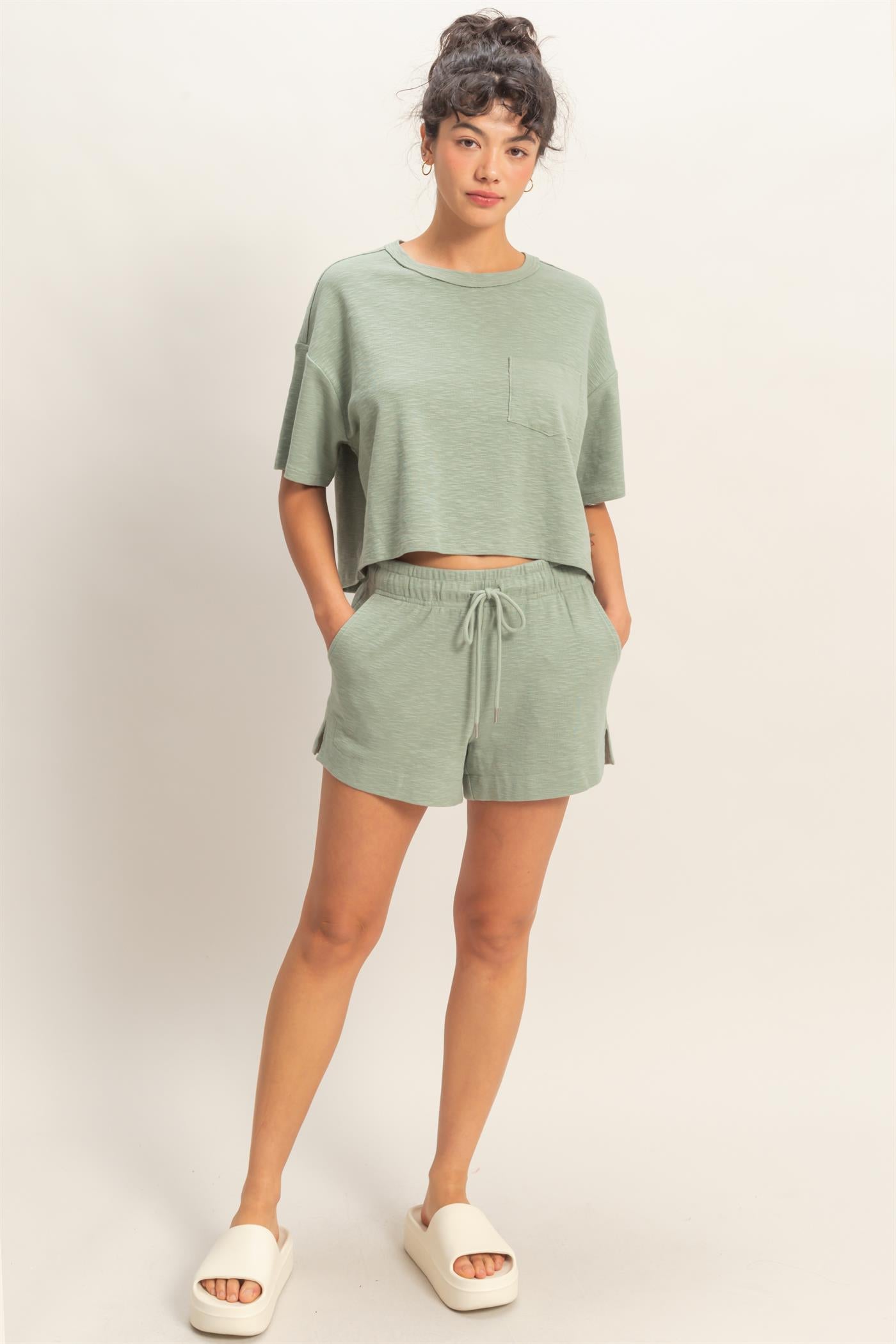 Wholesale Cotton Drawstring Pocket Shorts Shorts DZ25A748 SAGE GREEN DOUBLE ZERO