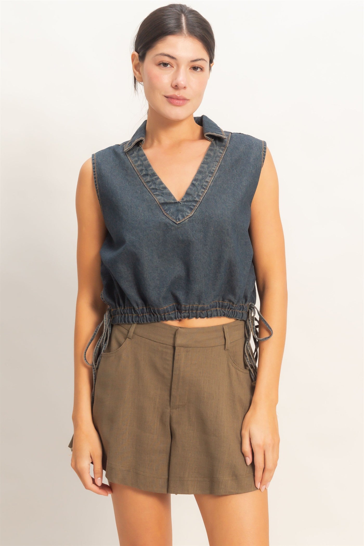 Wholesale Collared V-Neck Drawstring Tank Clothing Tops HF26C220 DARK BLUE HYFVE