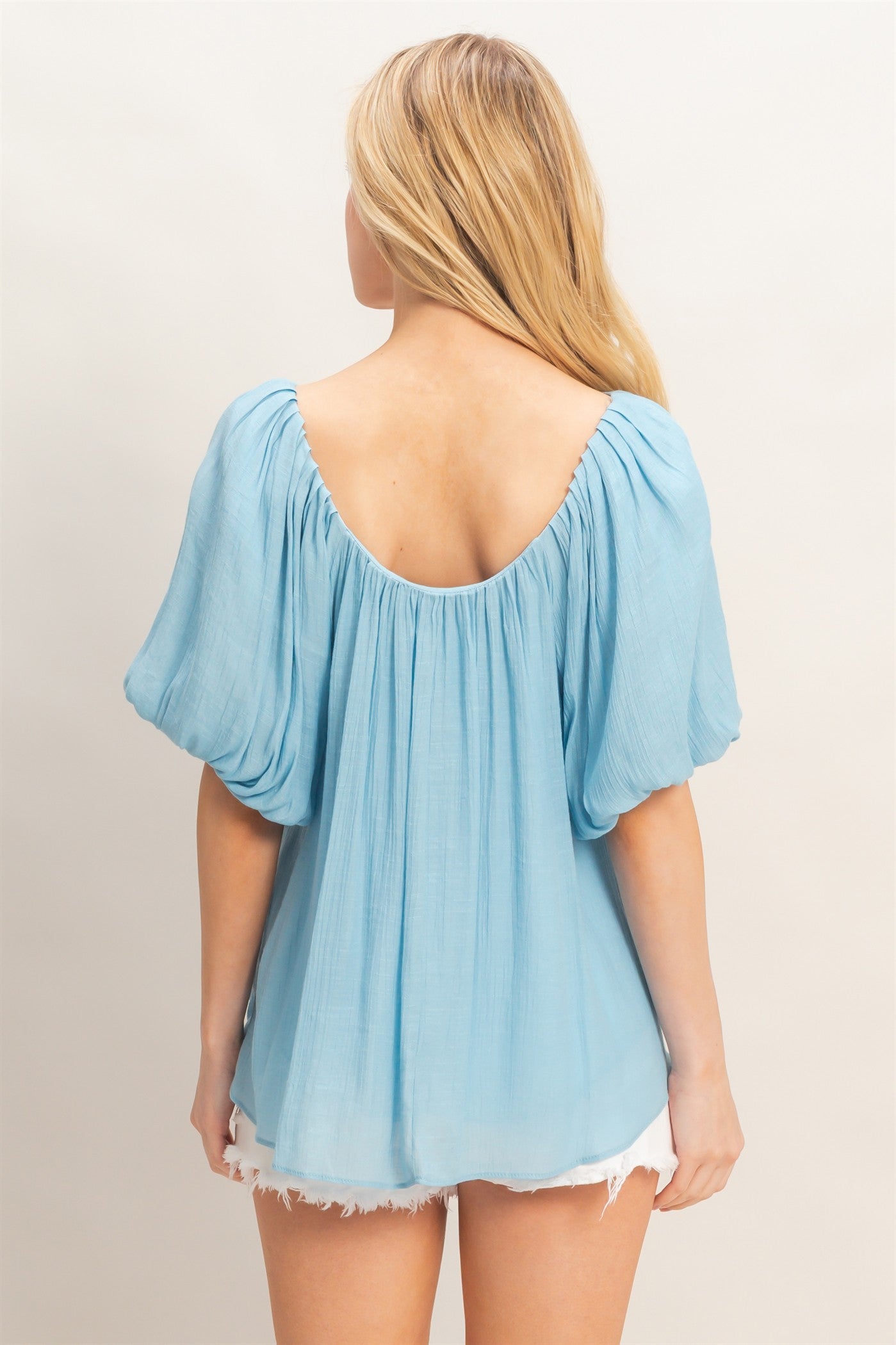 Wholesale Gathered Puff Sleeve Blouse Blouses HF26C307 SKY BLUE HYFVE