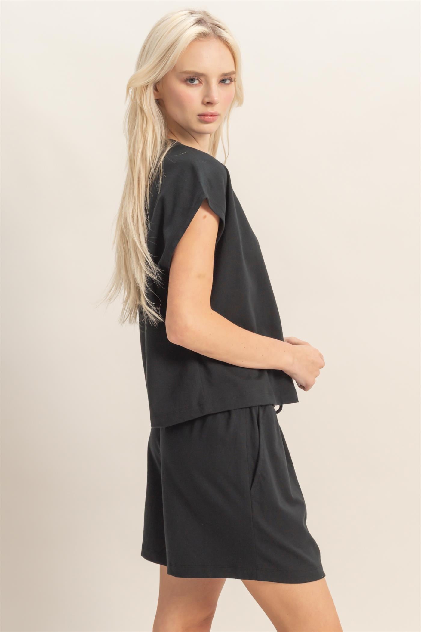 Wholesale Cap Sleeve Boxy Top And Shorts Set Clothing DZ26C543-SET BLACK DOUBLE ZERO