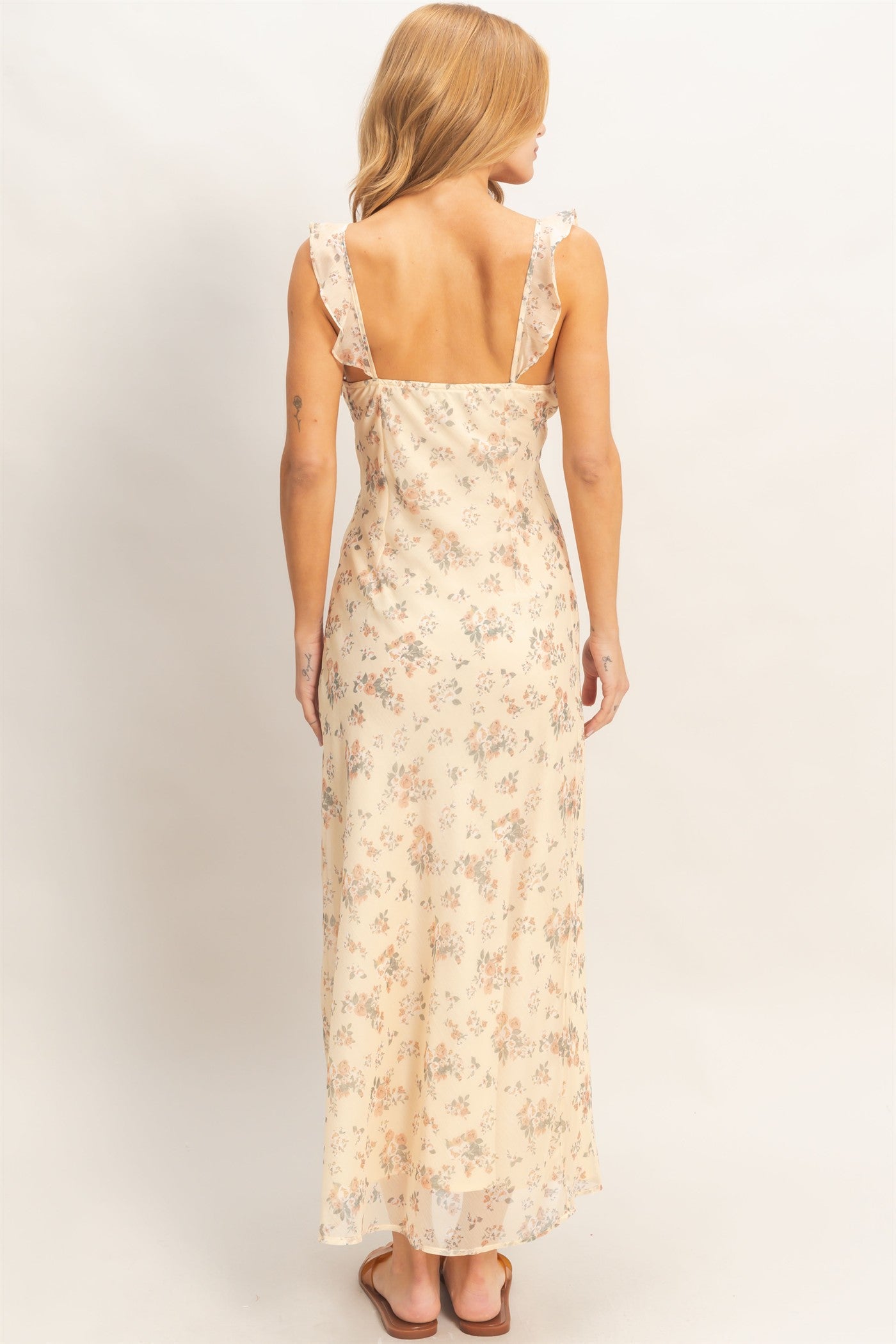 Wholesale Floral Ruffle Strap Midi Dress Dresses HF26E344 BUFF YELLOW HYFVE