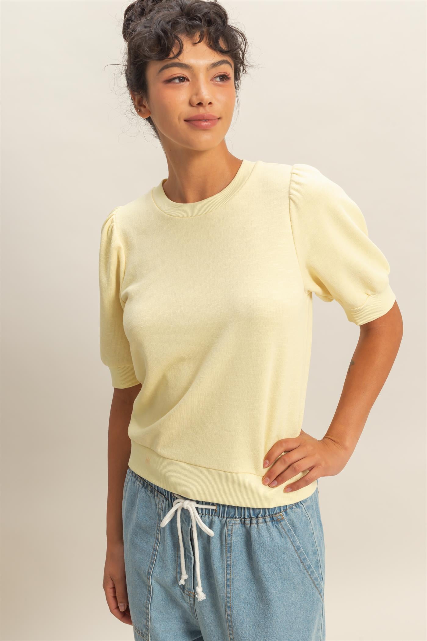 Wholesale Puff Short Sleeve Crew Neck Top Clothing Tops DZ26A927 PALE YELLOW DOUBLE ZERO