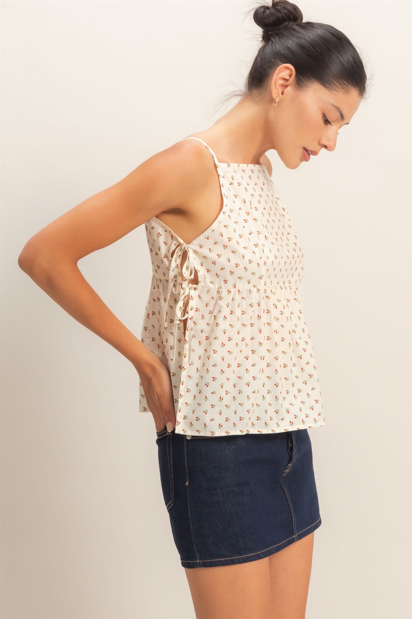 Wholesale Strawberry Print Tie-Side Cami Top Clothing Tops HF26C172 RED HYFVE