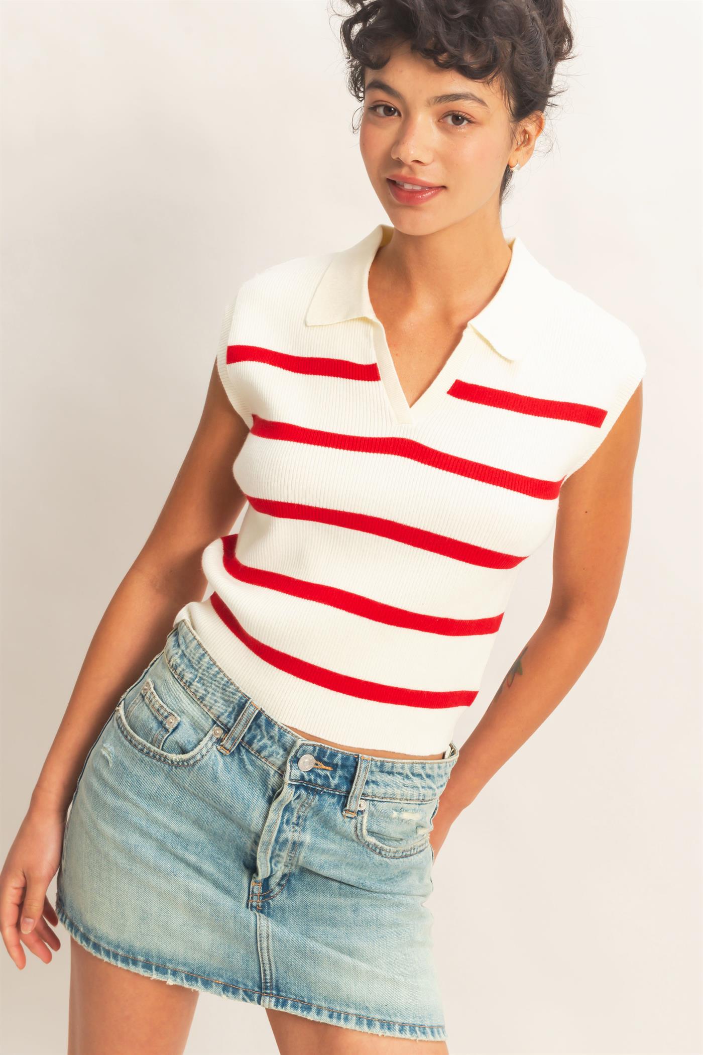 Wholesale Collared Striped Polo Vest Clothing Tops DZ26A337 RED DOUBLE ZERO