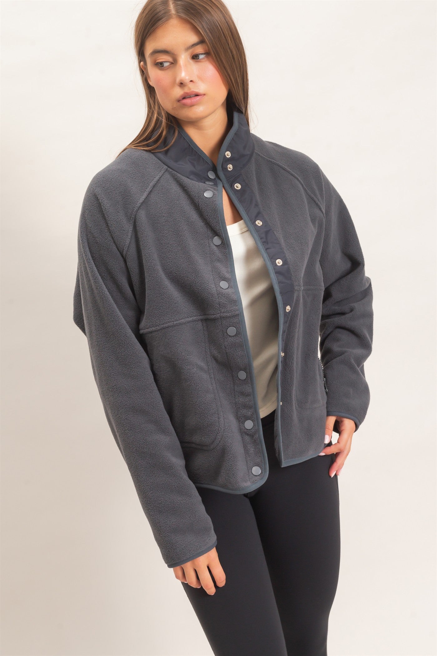Wholesale Fleece Jacket With Button Front Coats & Jackets DZ26F086 DARK GRAY DOUBLE ZERO