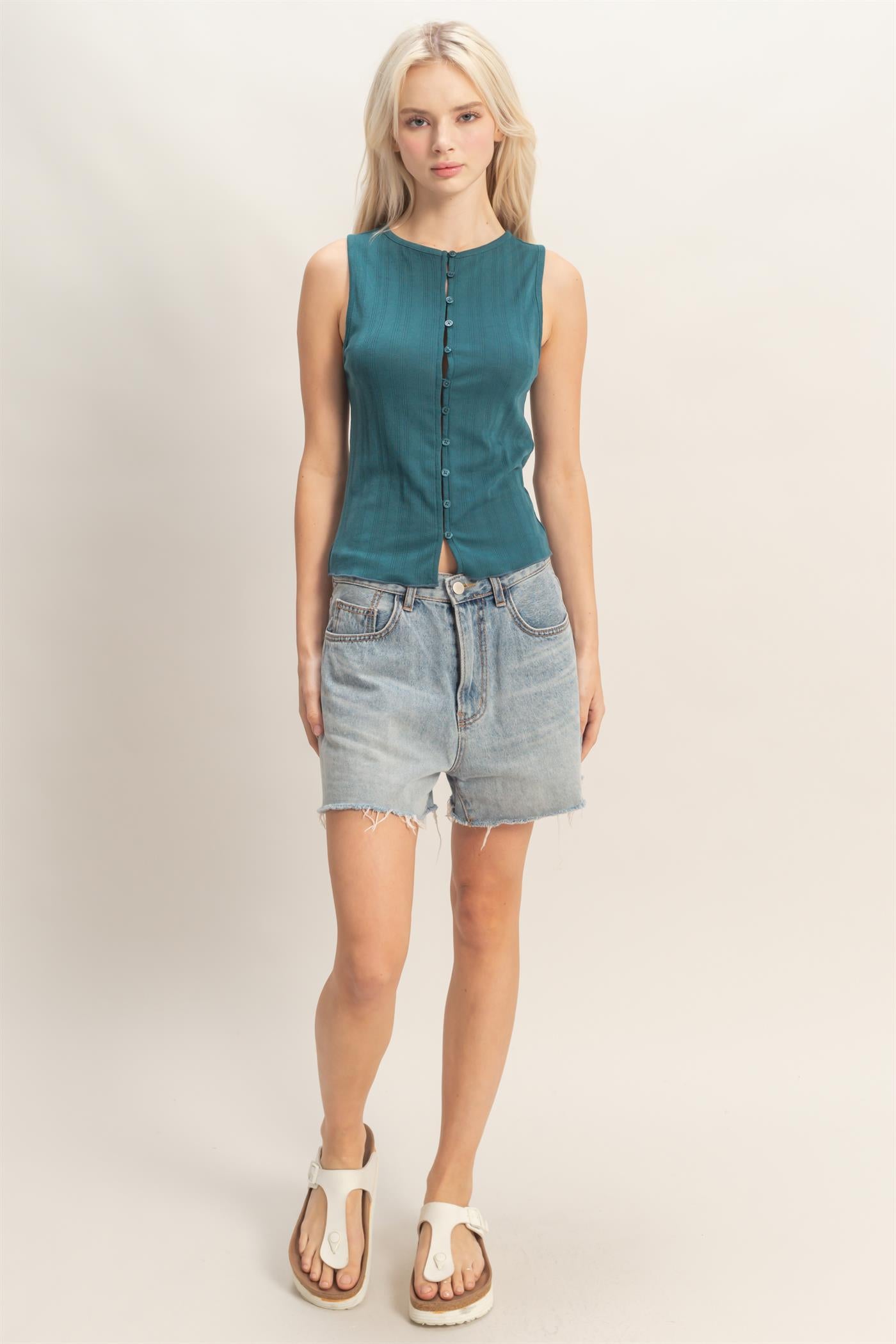 Wholesale Sleeveless Pointelle Button Front Top Clothing Tops DZ26A759 DARK TEAL DOUBLE ZERO