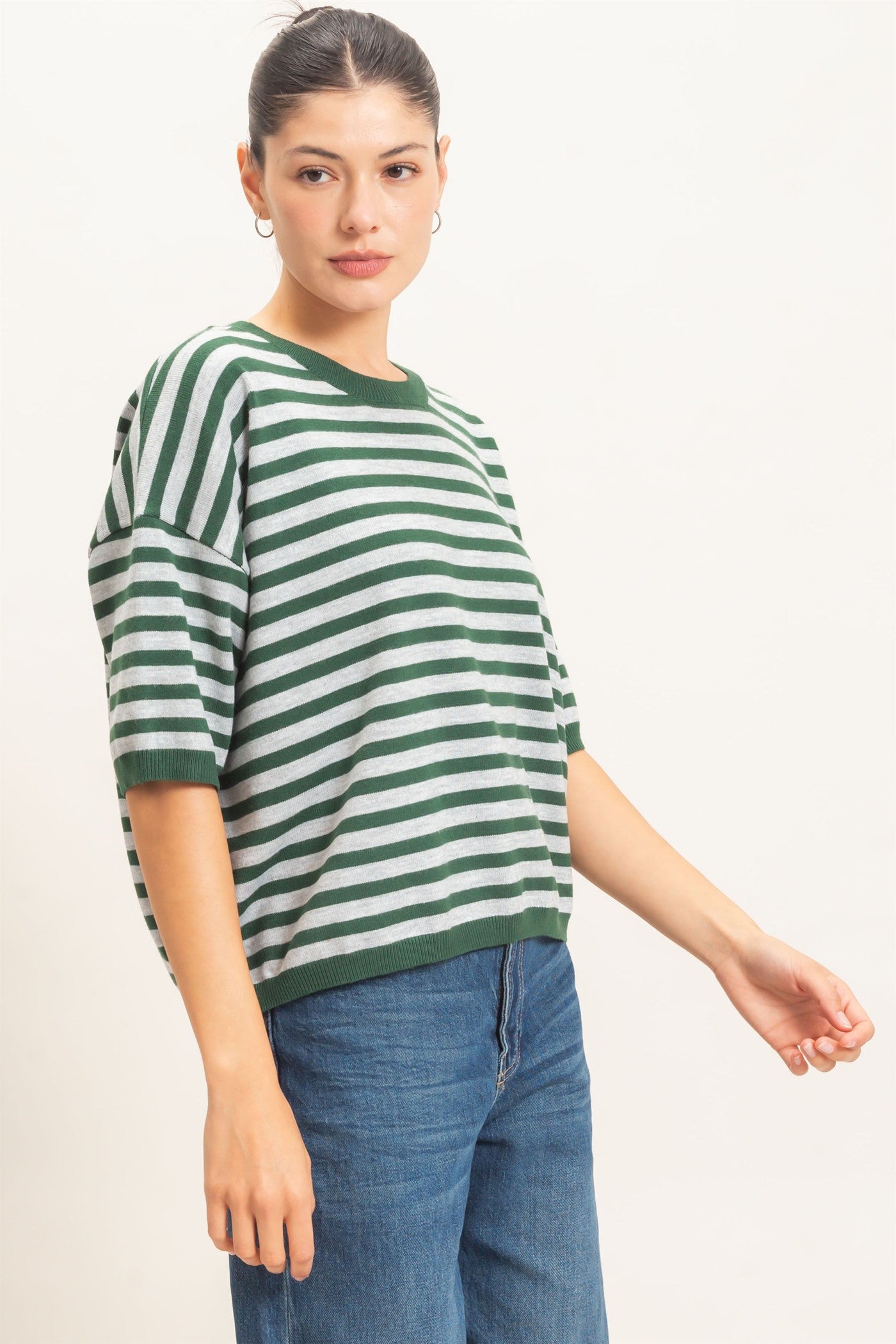 Wholesale Striped Crew Neck Sweater Sweaters HF26E234 HUNTER GREEN HYFVE