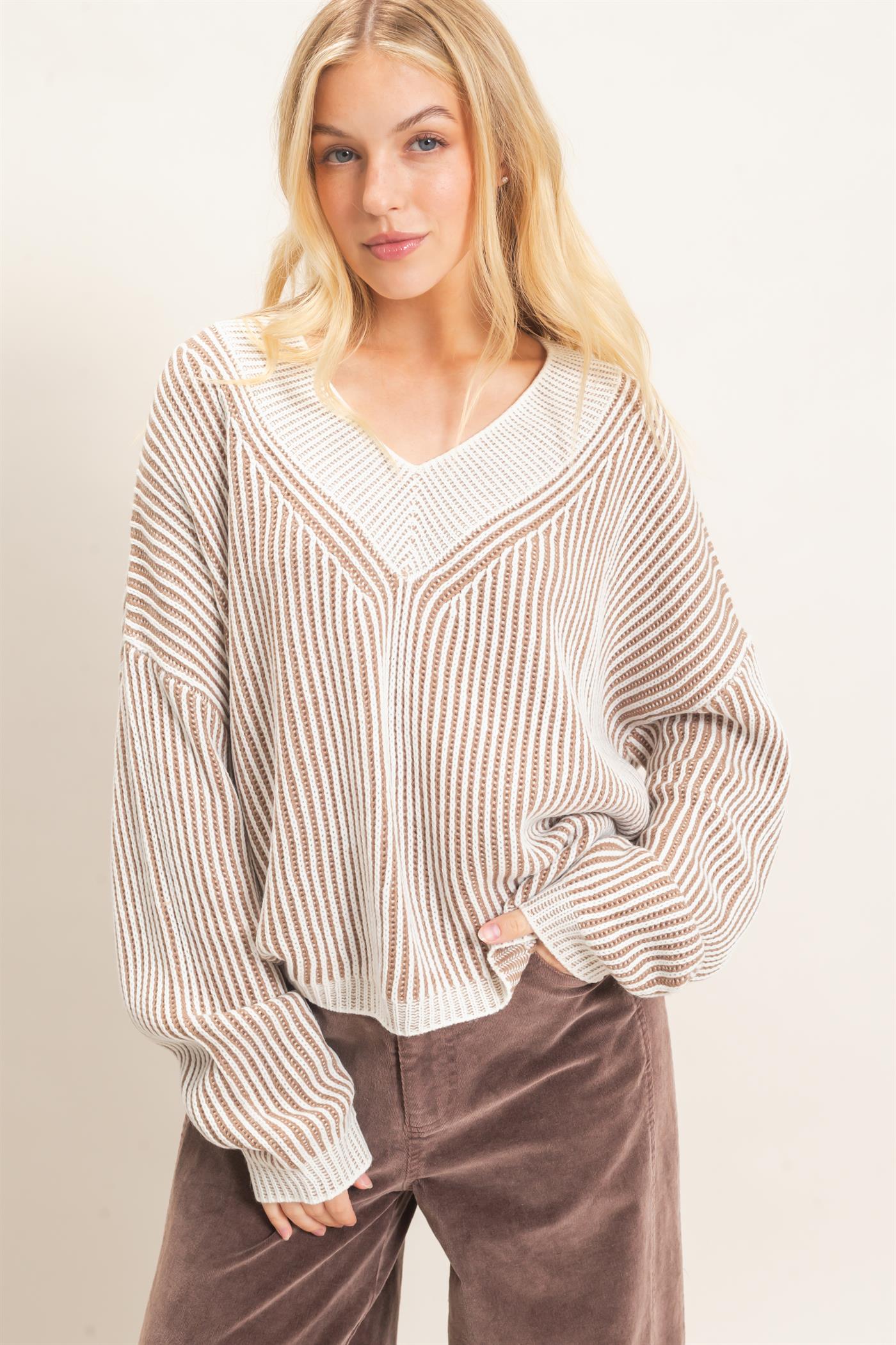 Wholesale Striped V-Neck Ribbed Sweater Sweaters HF26F202 TAUPE HYFVE